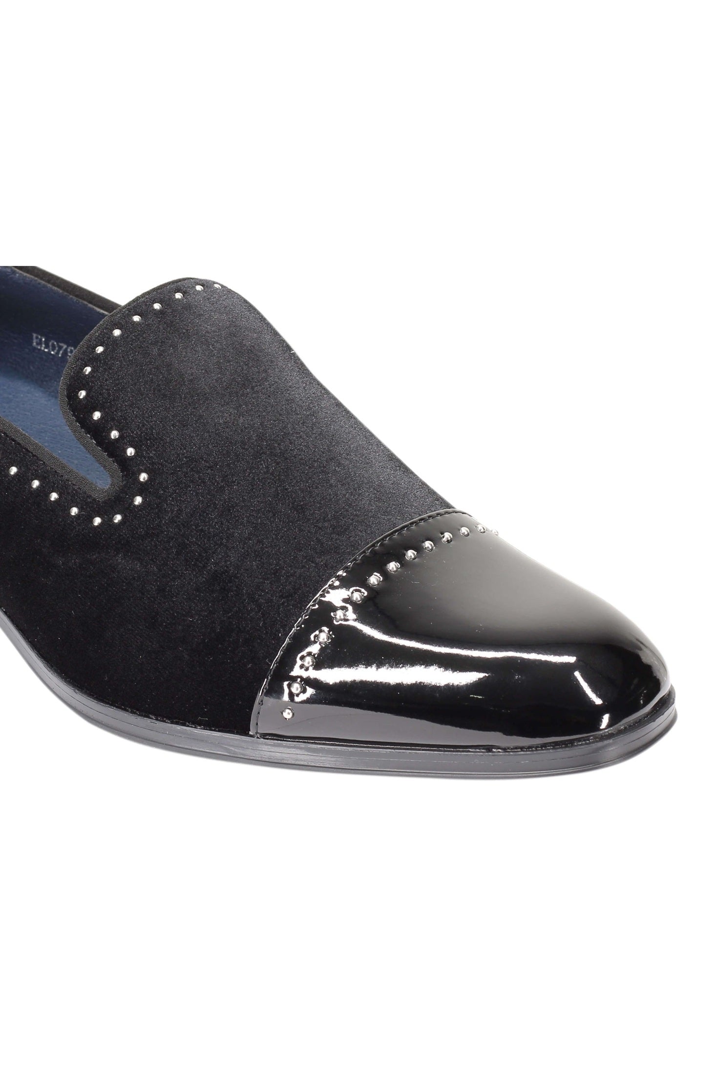VELVET LOAFERS WITH SHINY TOE AND SILVER METAL PIN DOTS