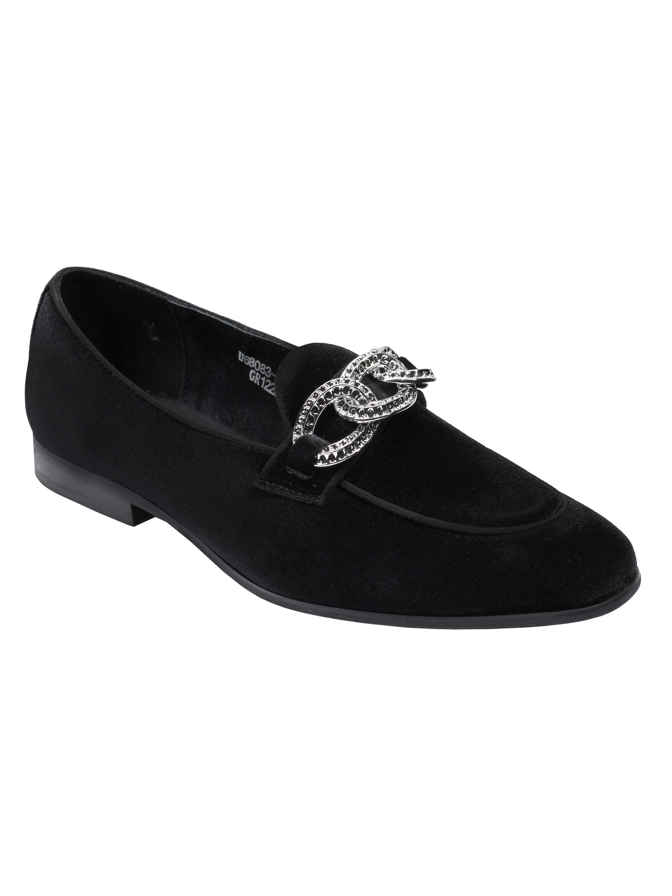 BLACK VELVET LOAFERS WITH DIAMOND CHAIN BUCKLE