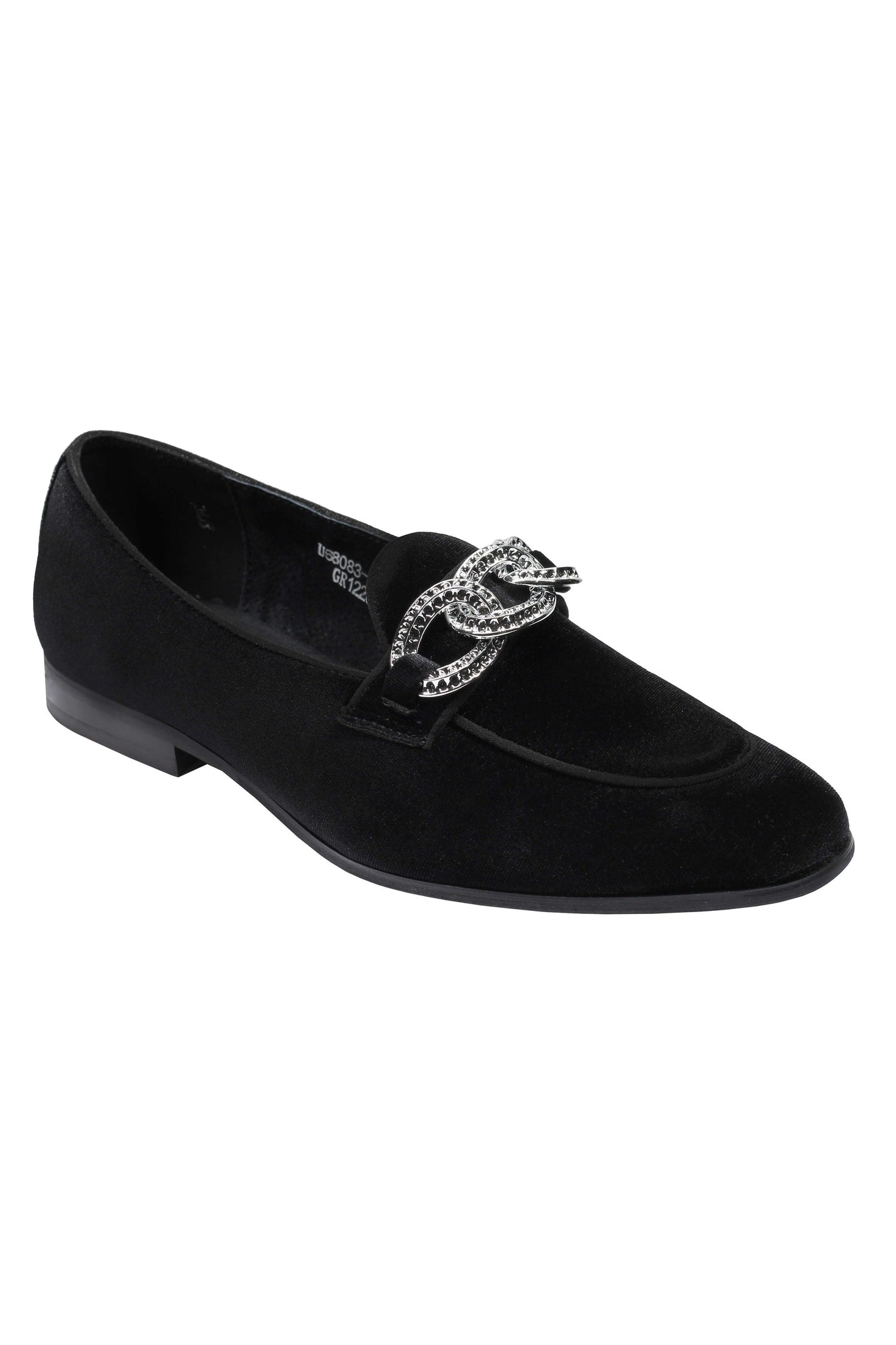 BLACK VELVET LOAFERS WITH DIAMOND CHAIN BUCKLE