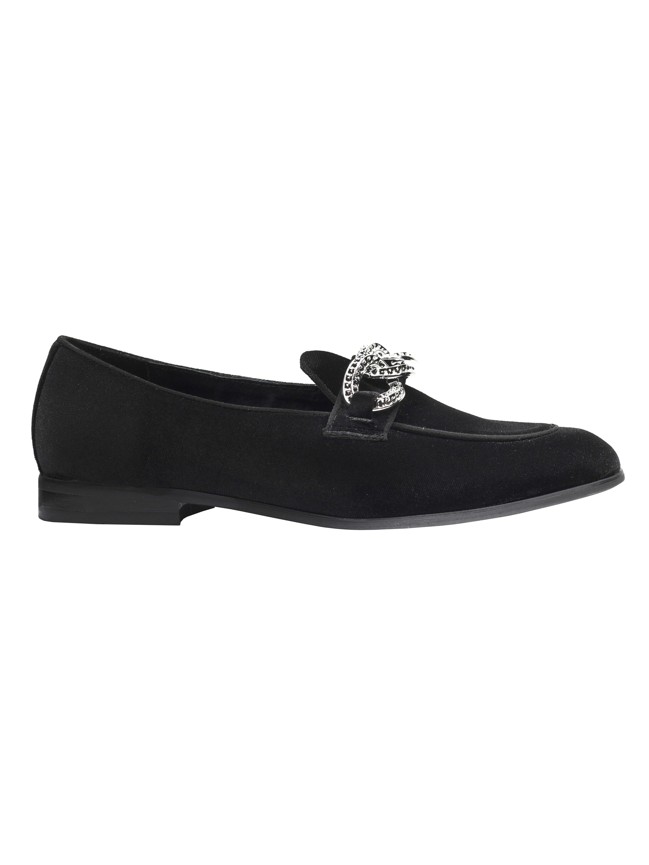 BLACK VELVET LOAFERS WITH DIAMOND CHAIN BUCKLE XPOSED