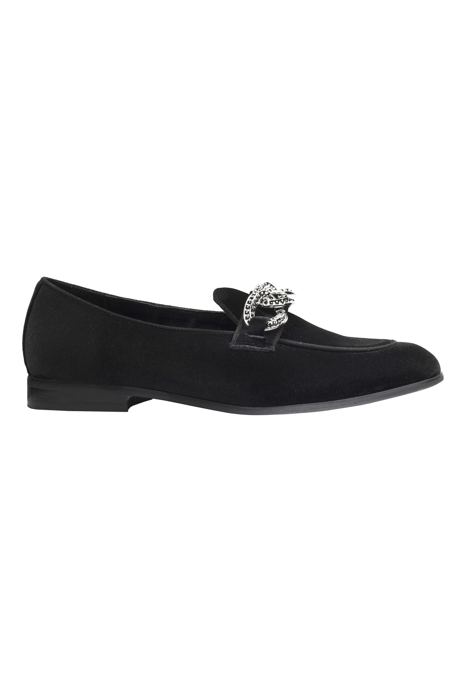 BLACK VELVET LOAFERS WITH DIAMOND CHAIN BUCKLE