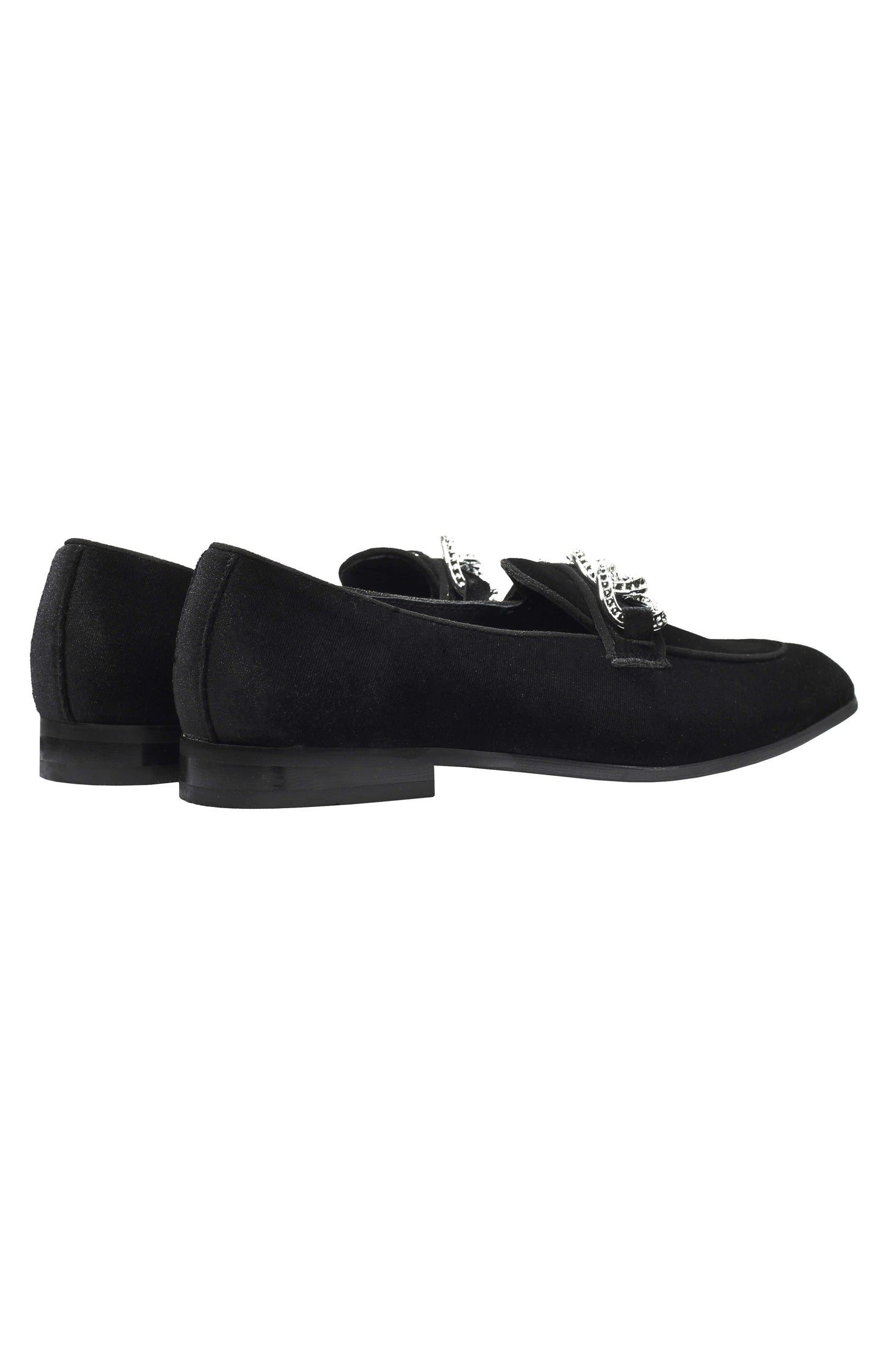 BLACK VELVET LOAFERS WITH DIAMOND CHAIN BUCKLE
