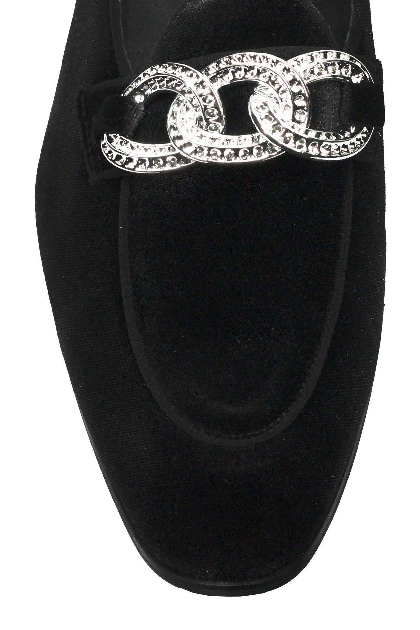 BLACK VELVET LOAFERS WITH DIAMOND CHAIN BUCKLE