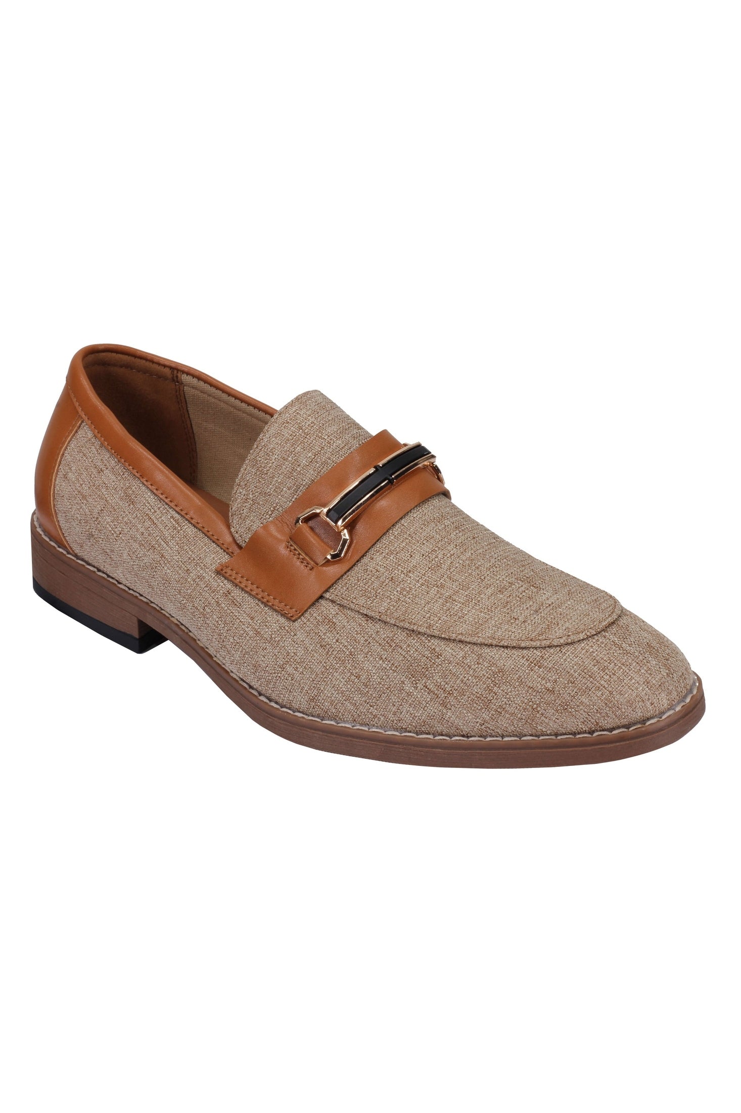 LINEN FABRIC LOAFERS WITH GOLD BUCKLE