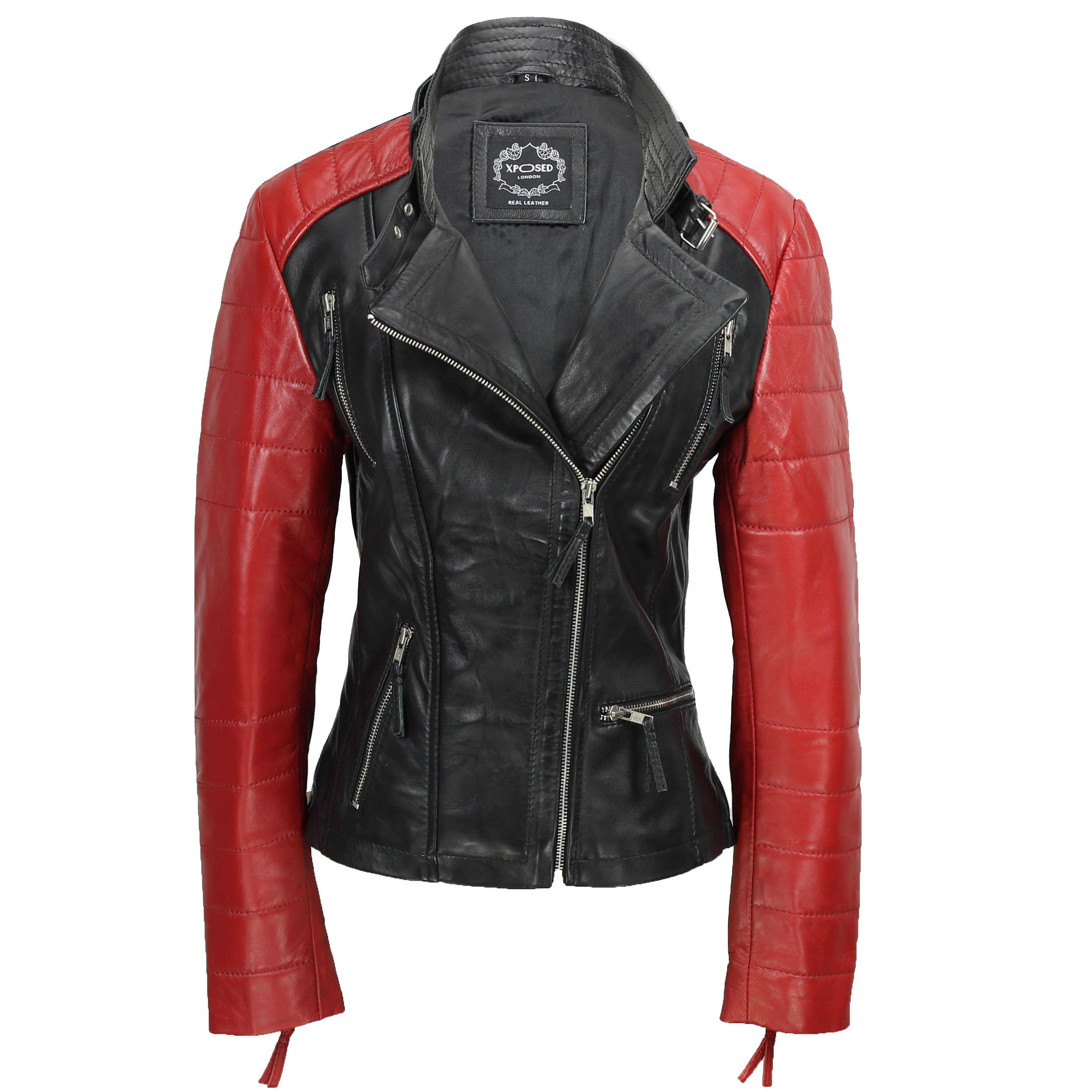 Ladies Black Red Vintage Soft Genuine Real Leather Biker Jacket Fitted