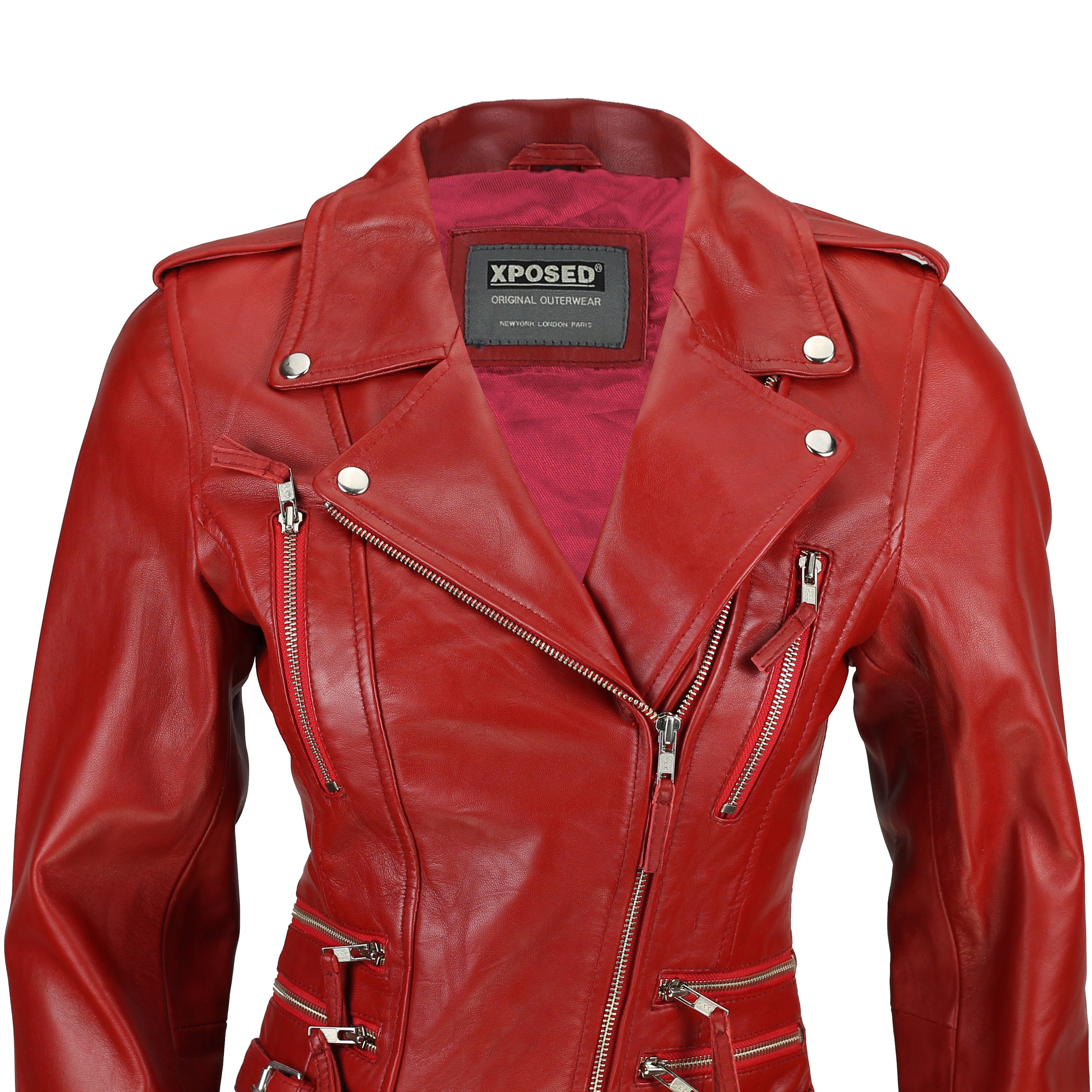 Red Real Leather Fitted Vintage Biker Style Zip Buckle Jacket