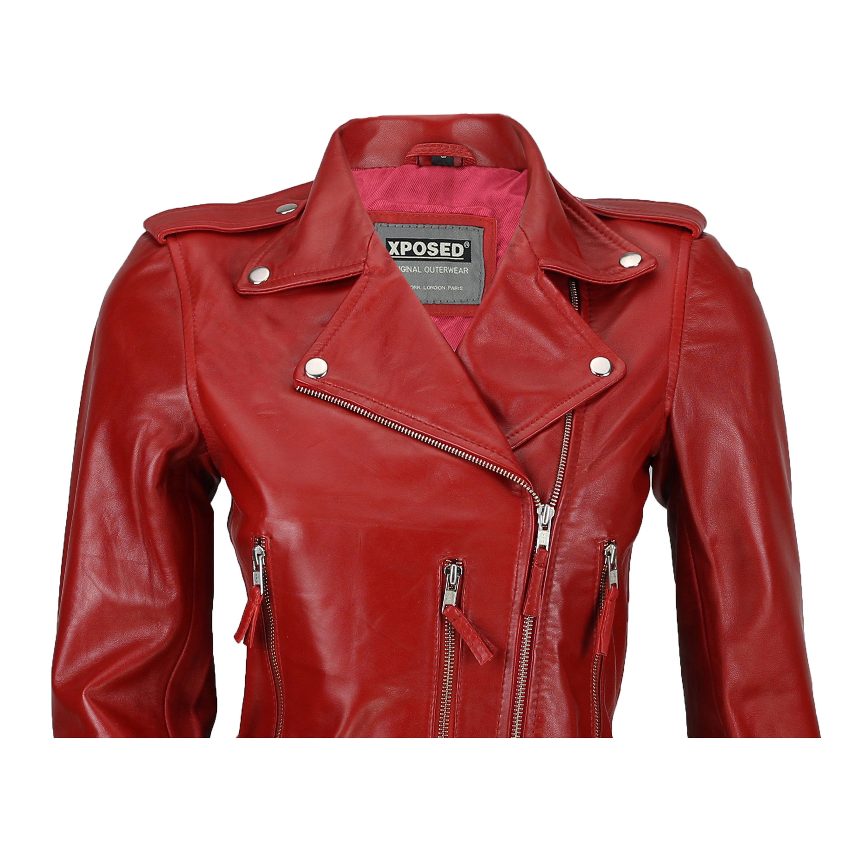 LADIES BIKER LEATHER JACKET IN RED