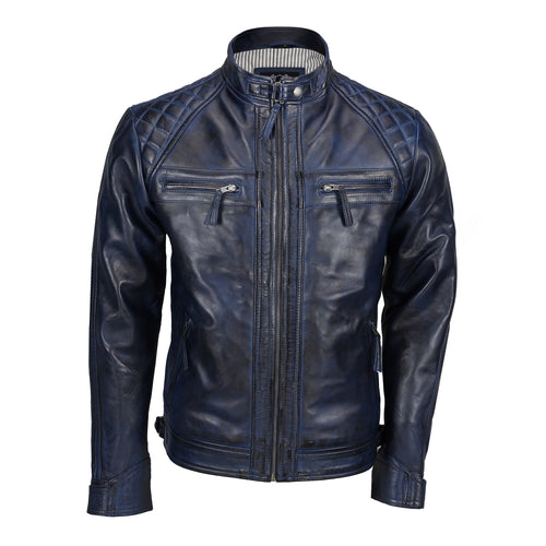 BLOUSON EN CUIR MATELASSÉ BLEU MOTARD