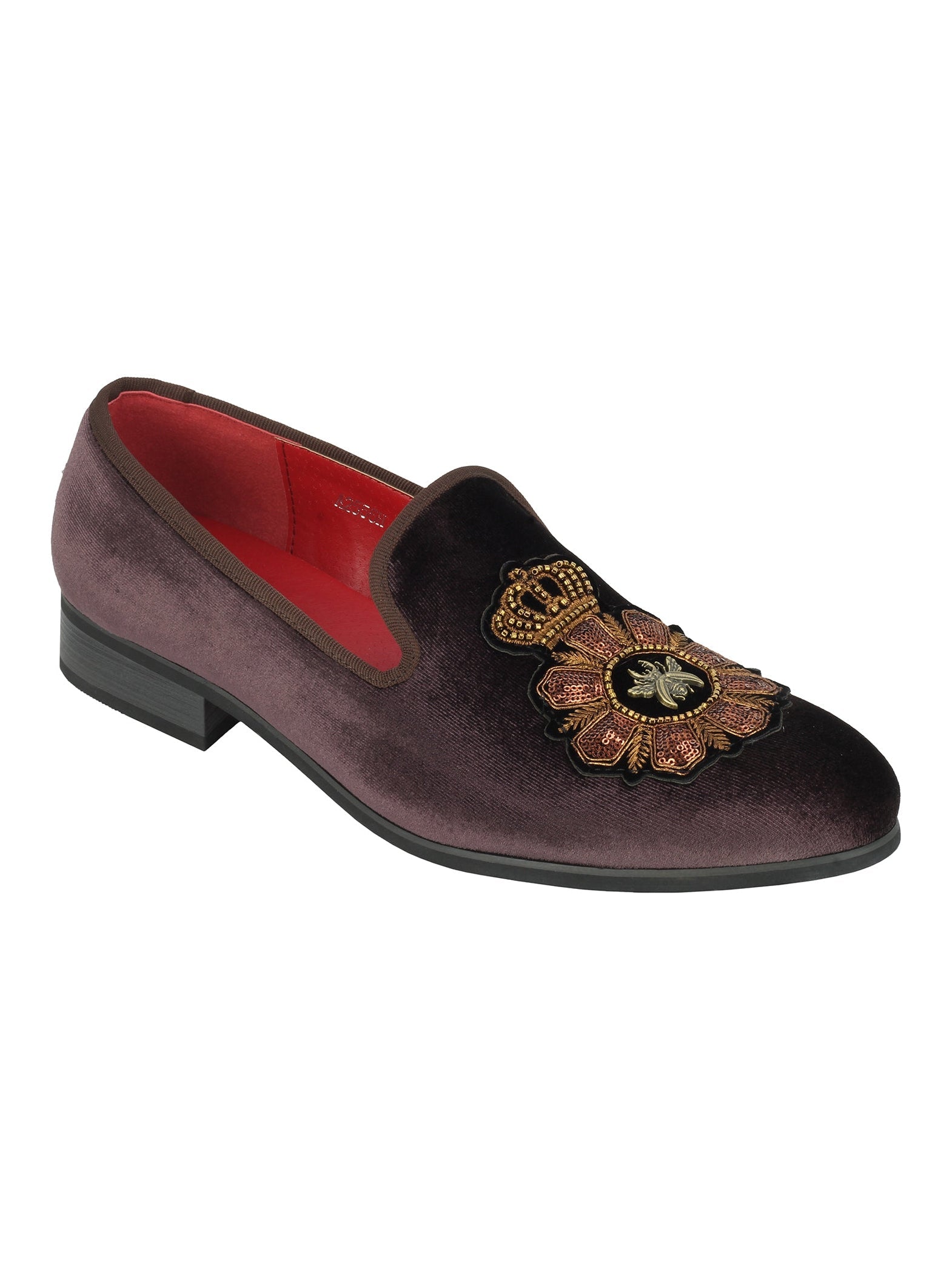 FAUX LEATHER EMBROIDERED VELVET LOAFERS IN BROWN