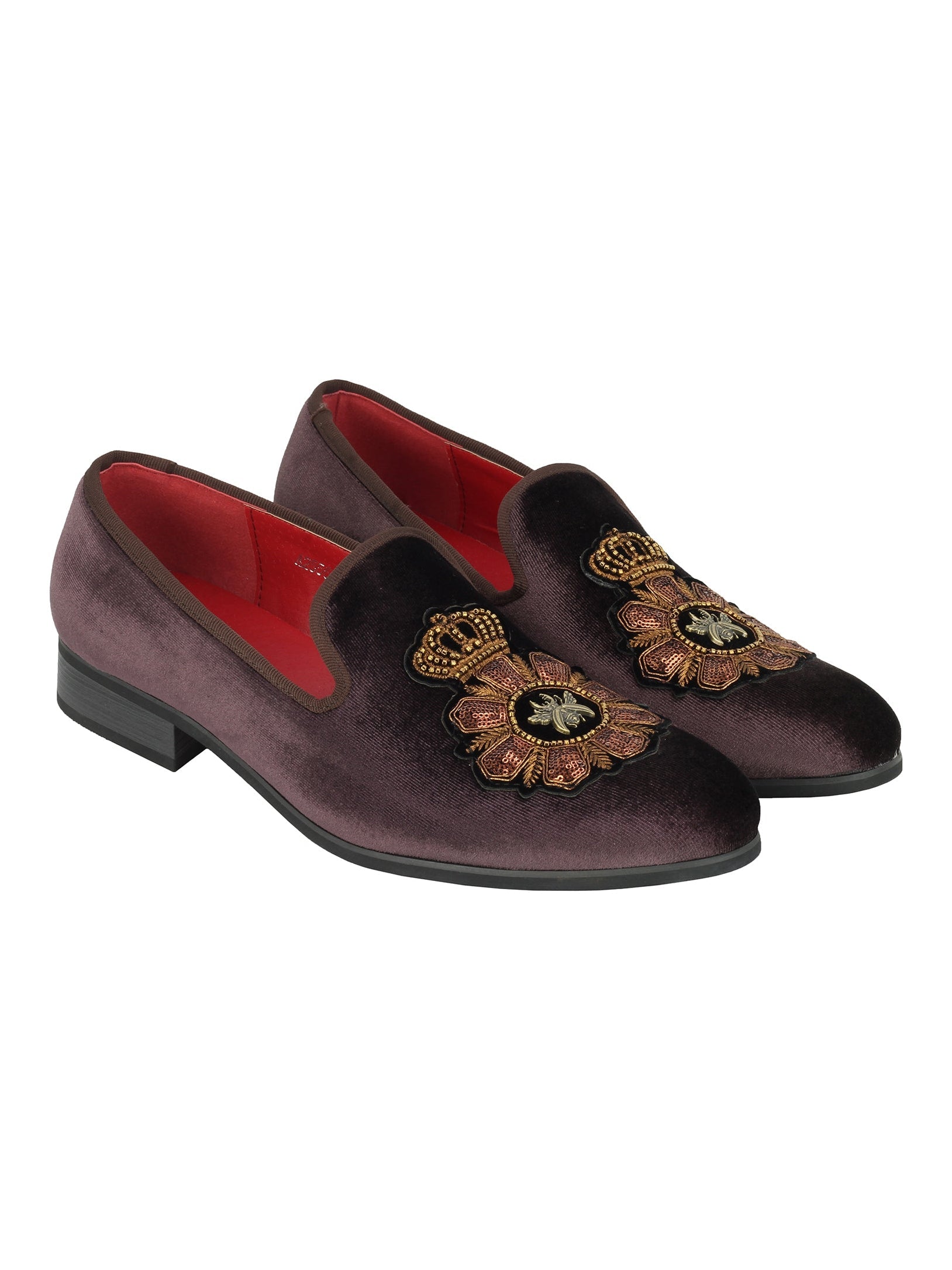 FAUX LEATHER EMBROIDERED VELVET LOAFERS IN BROWN