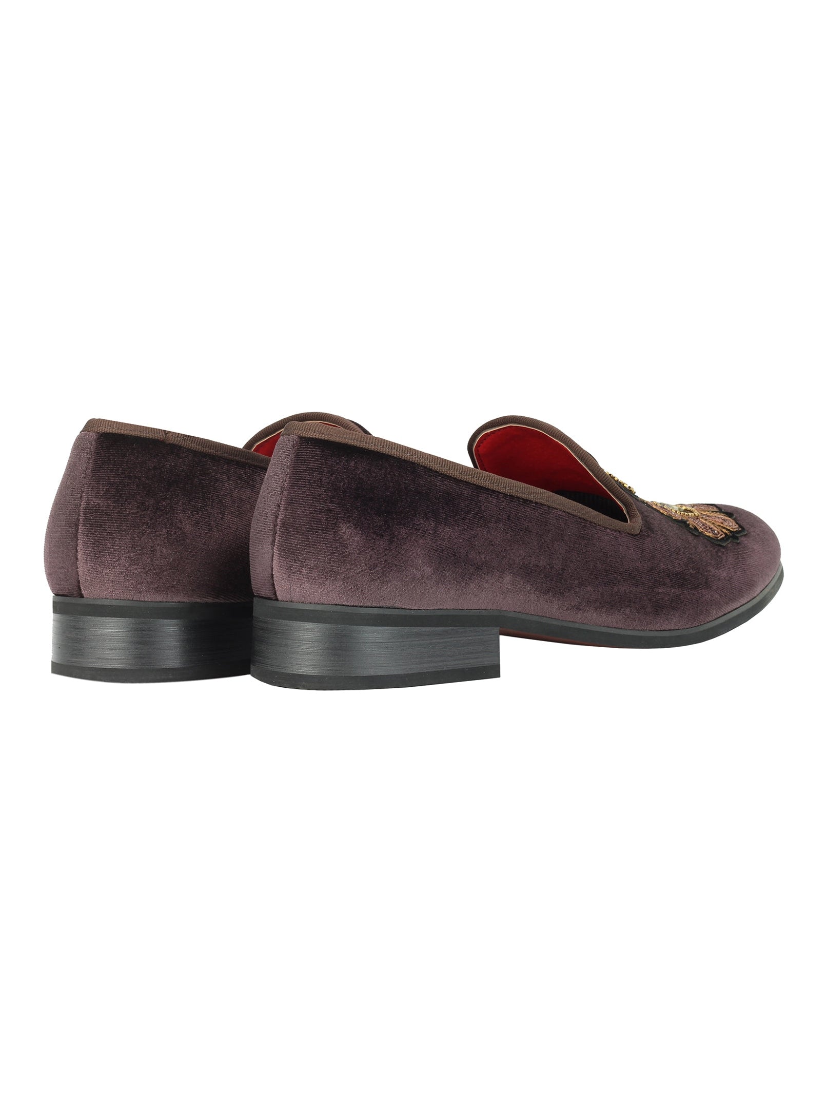 FAUX LEATHER EMBROIDERED VELVET LOAFERS IN BROWN