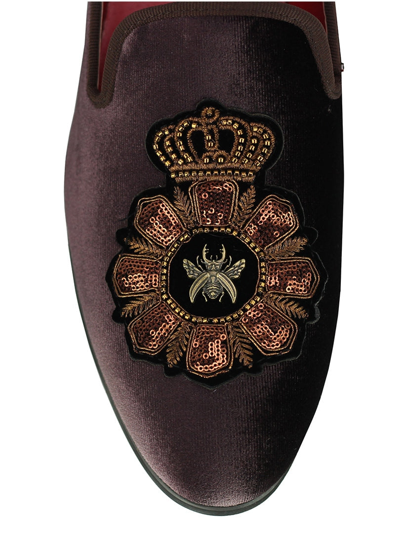 FAUX LEATHER EMBROIDERED VELVET LOAFERS IN BROWN