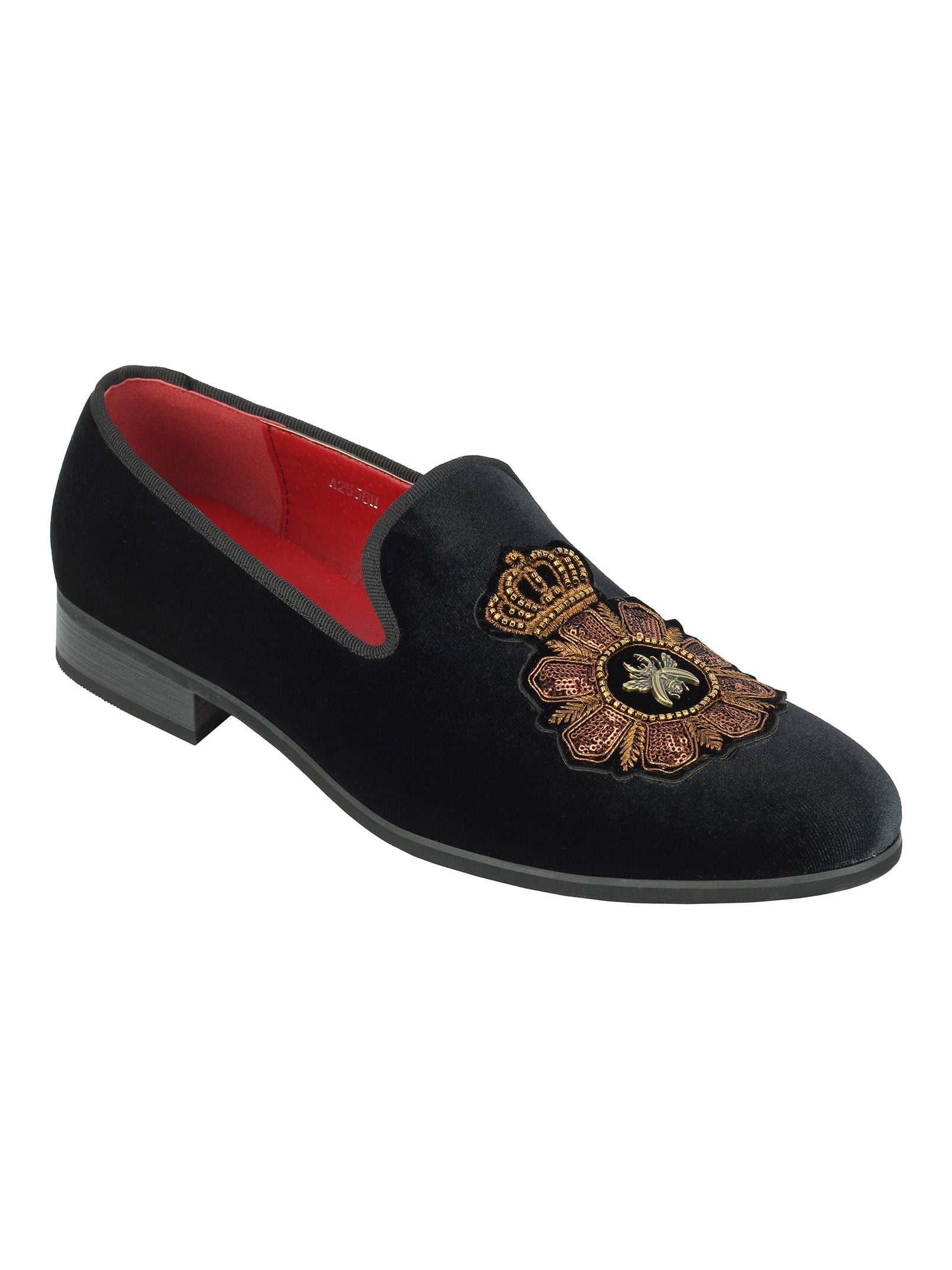 FAUX LEATHER EMBROIDERED VELVET LOAFERS IN BLACK