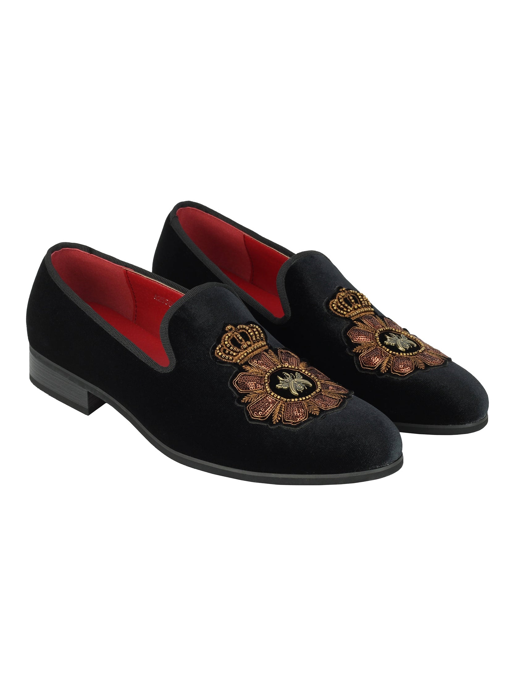FAUX LEATHER EMBROIDERED VELVET LOAFERS IN BLACK