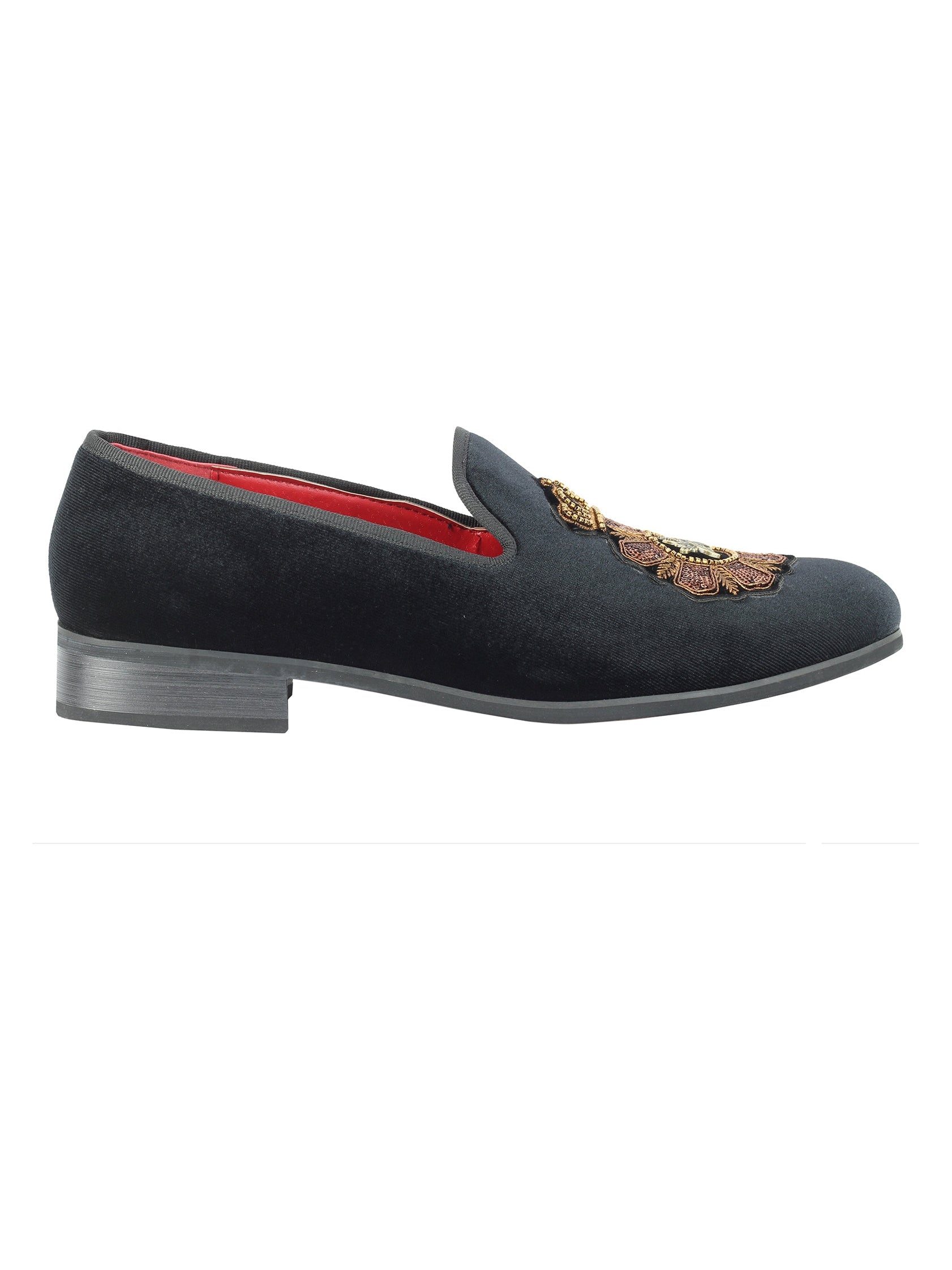 FAUX LEATHER EMBROIDERED VELVET LOAFERS IN BLACK XPOSED