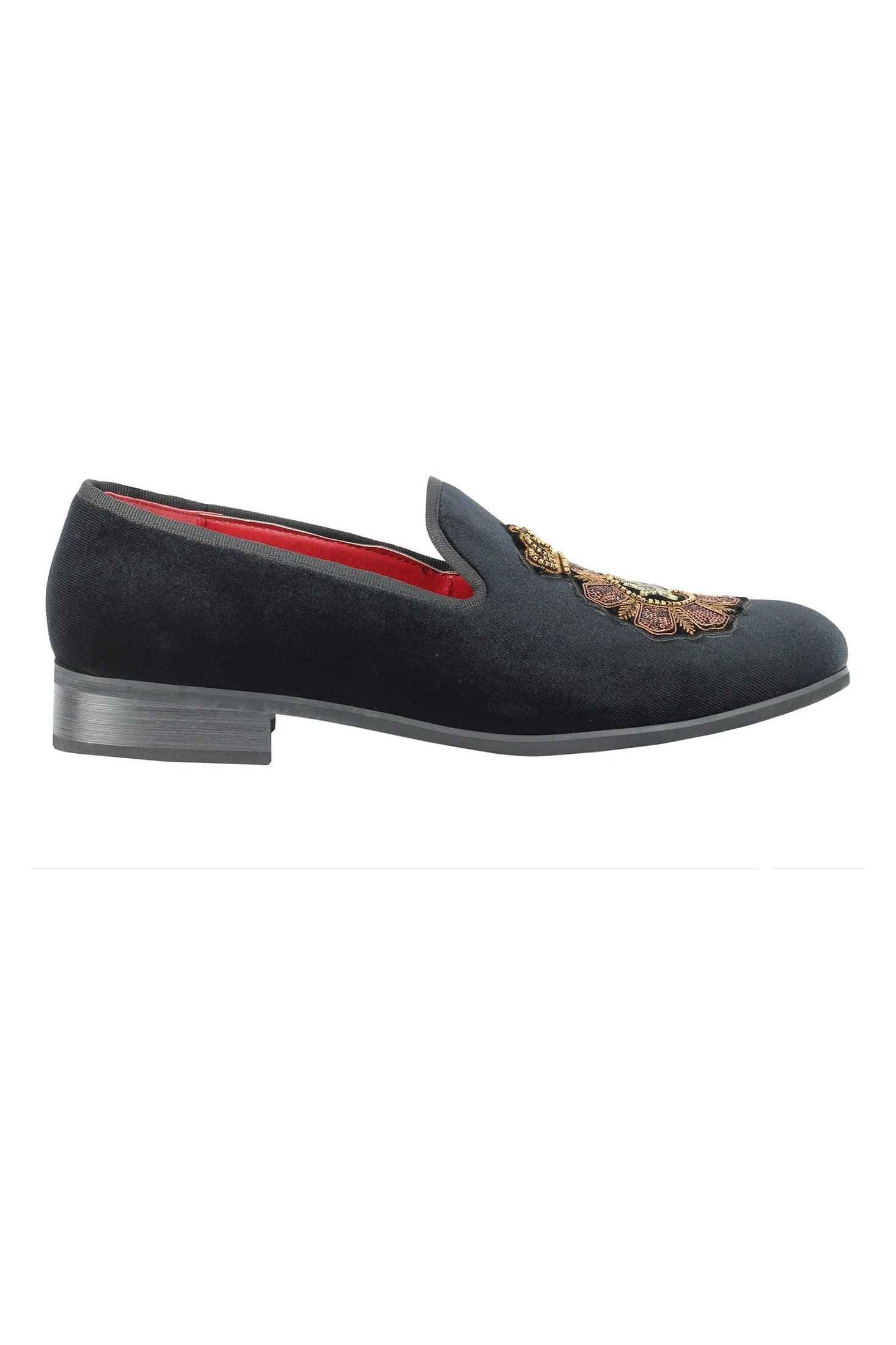 FAUX LEATHER EMBROIDERED VELVET LOAFERS IN BLACK