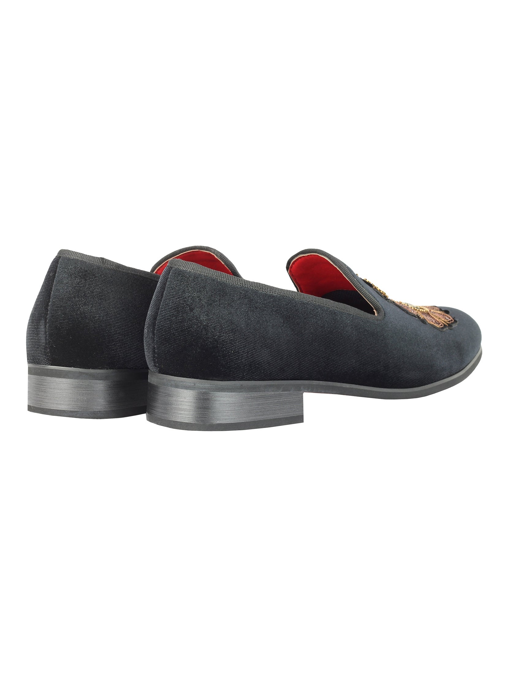 FAUX LEATHER EMBROIDERED VELVET LOAFERS IN BLACK