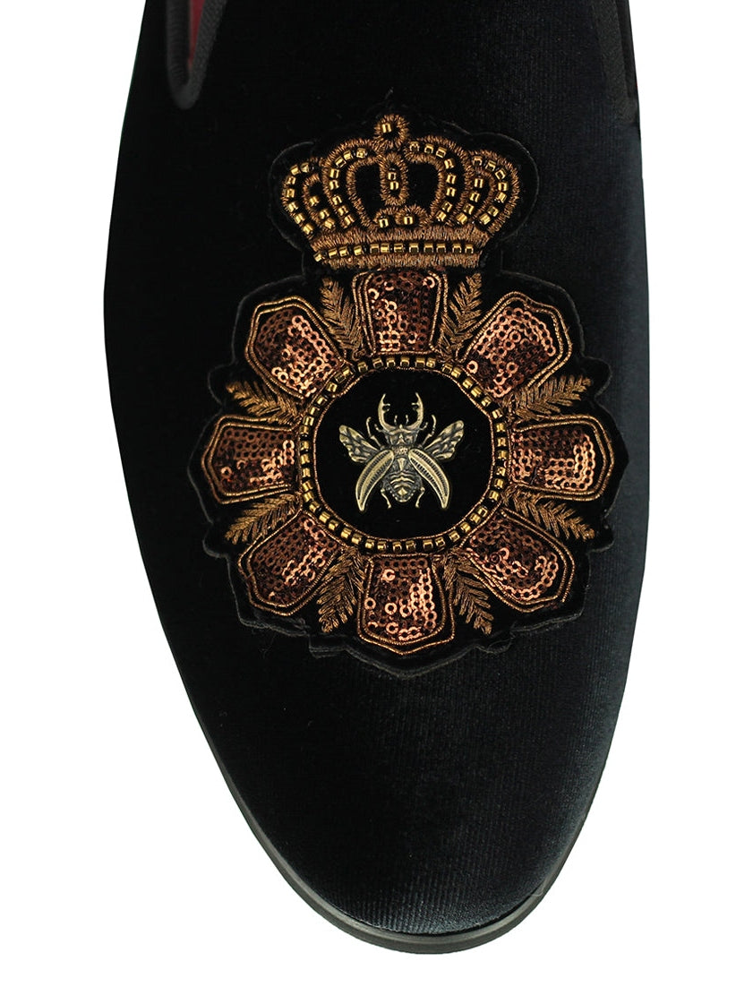 FAUX LEATHER EMBROIDERED VELVET LOAFERS IN BLACK