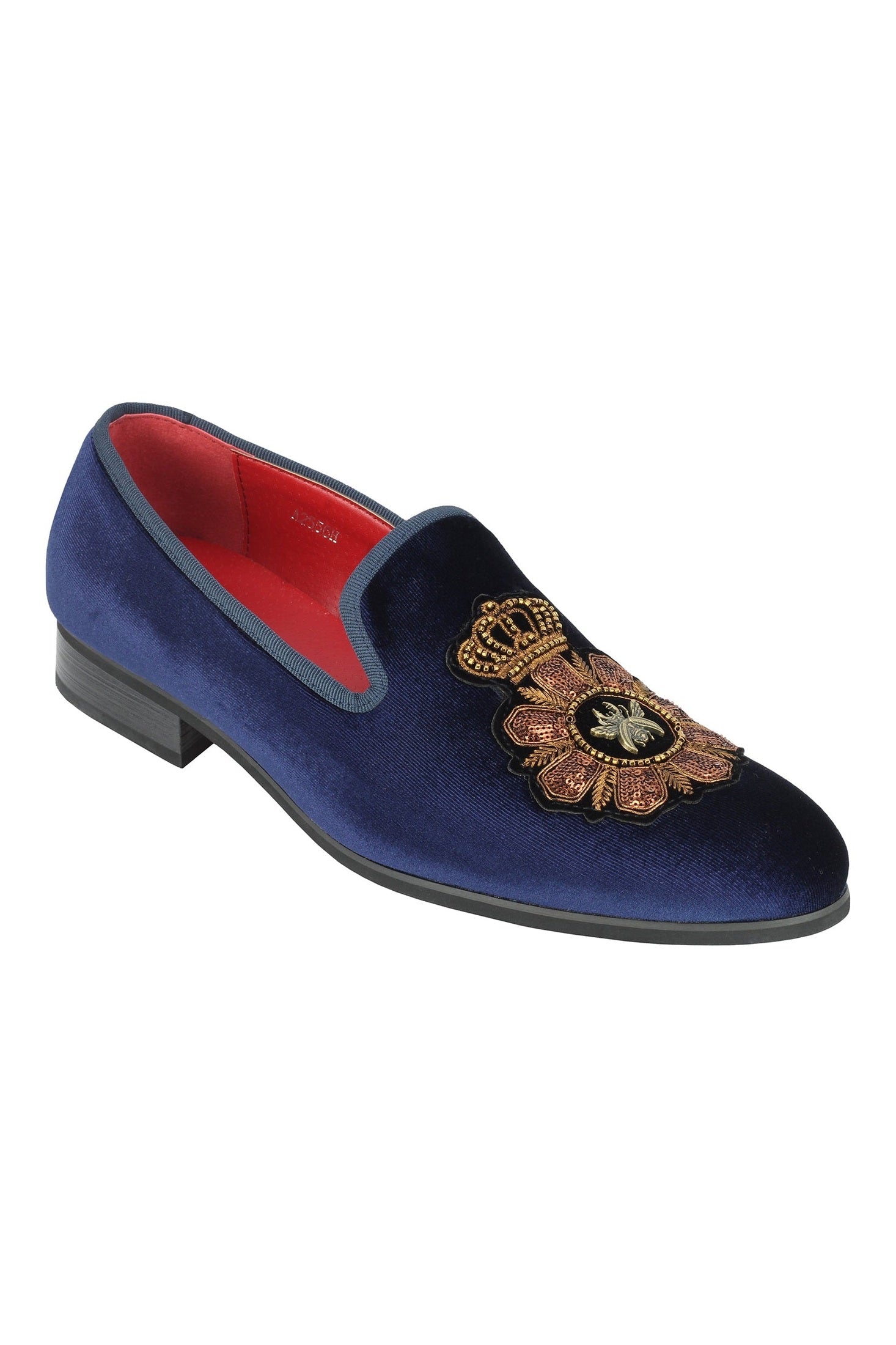 FAUX LEATHER EMBROIDERED VELVET LOAFERS IN NAVY