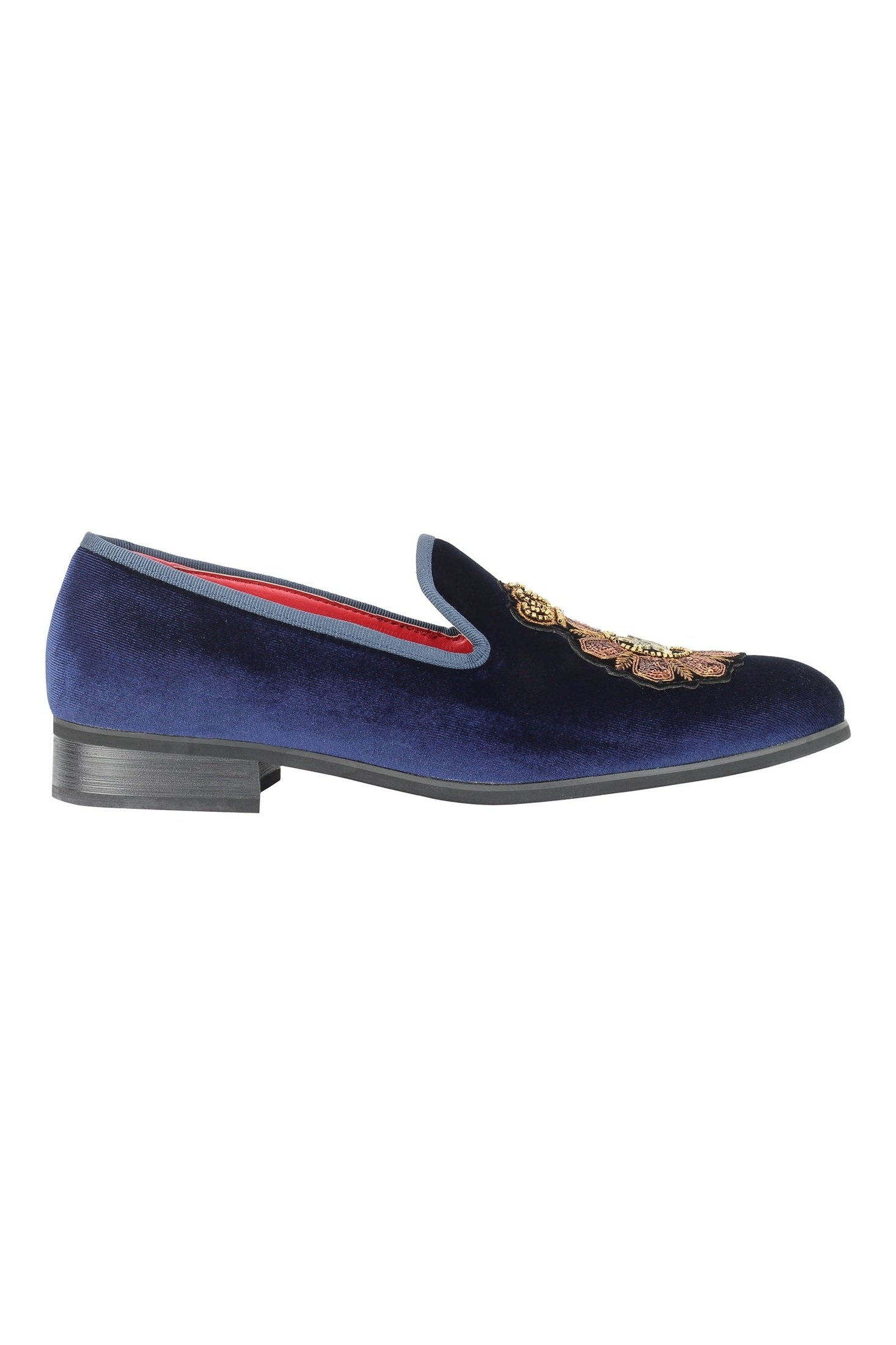 FAUX LEATHER EMBROIDERED VELVET LOAFERS IN NAVY â XPOSED