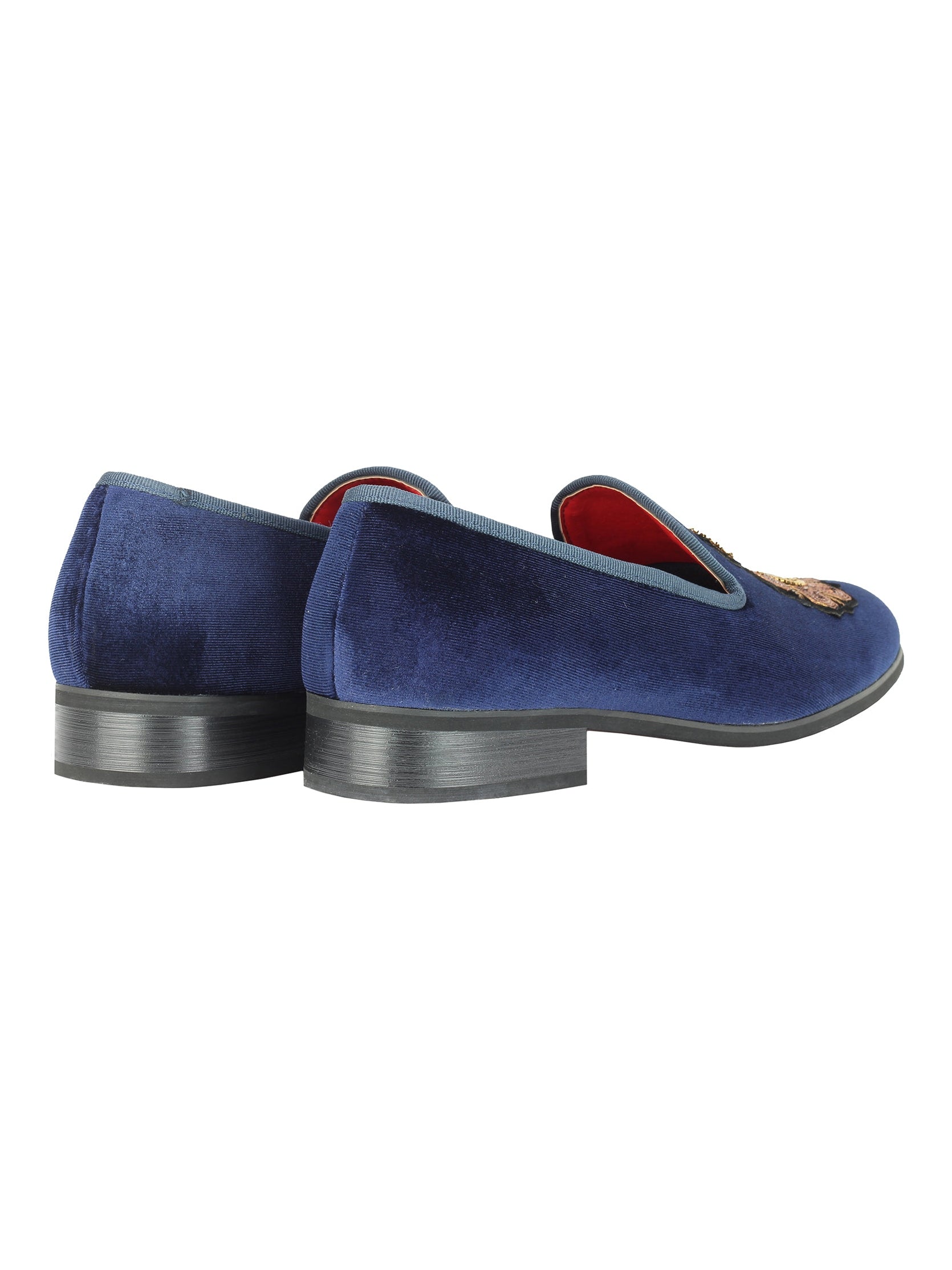 FAUX LEATHER EMBROIDERED VELVET LOAFERS IN NAVY