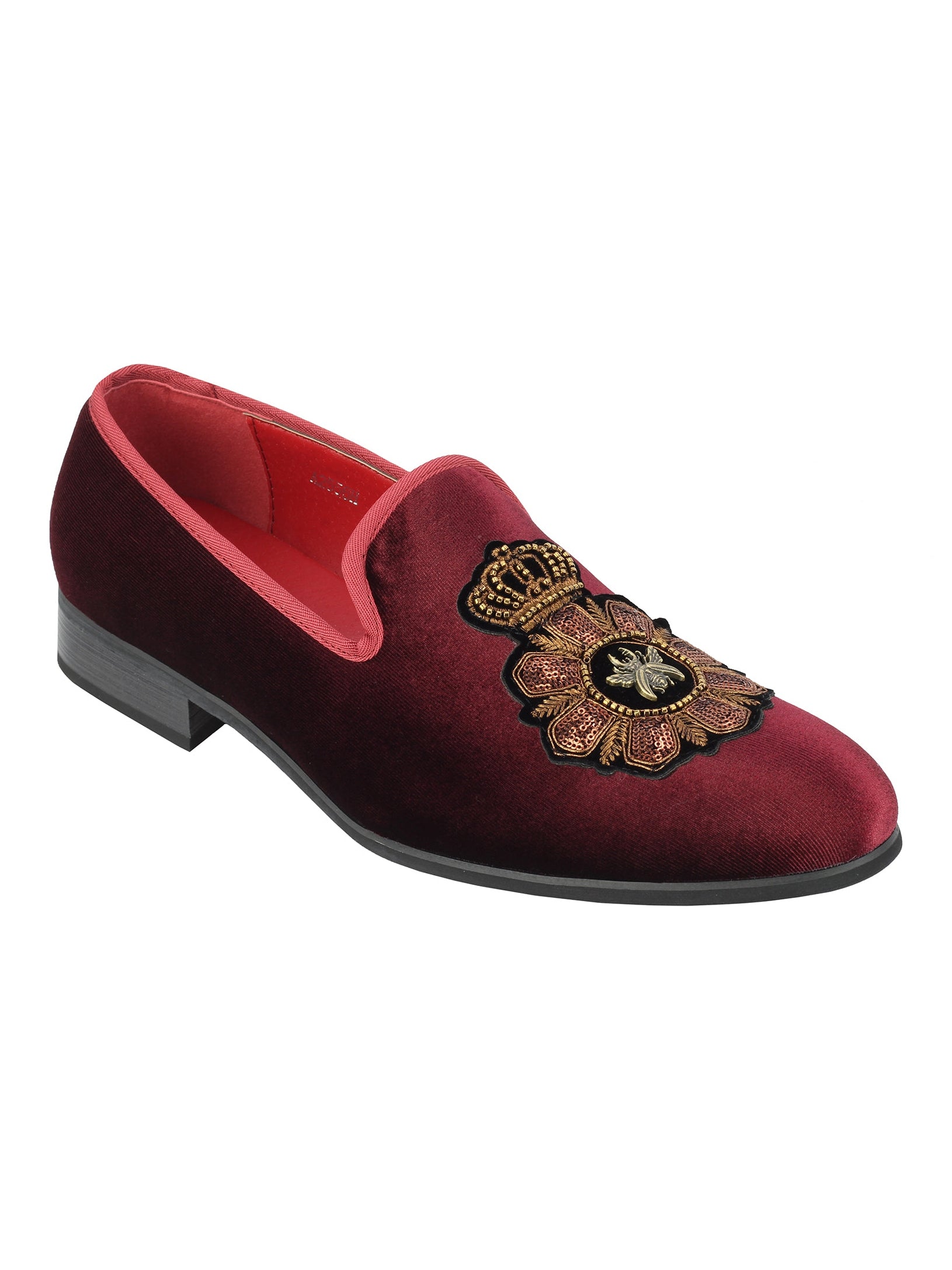 FAUX LEATHER EMBROIDERED VELVET LOAFERS IN MAROON