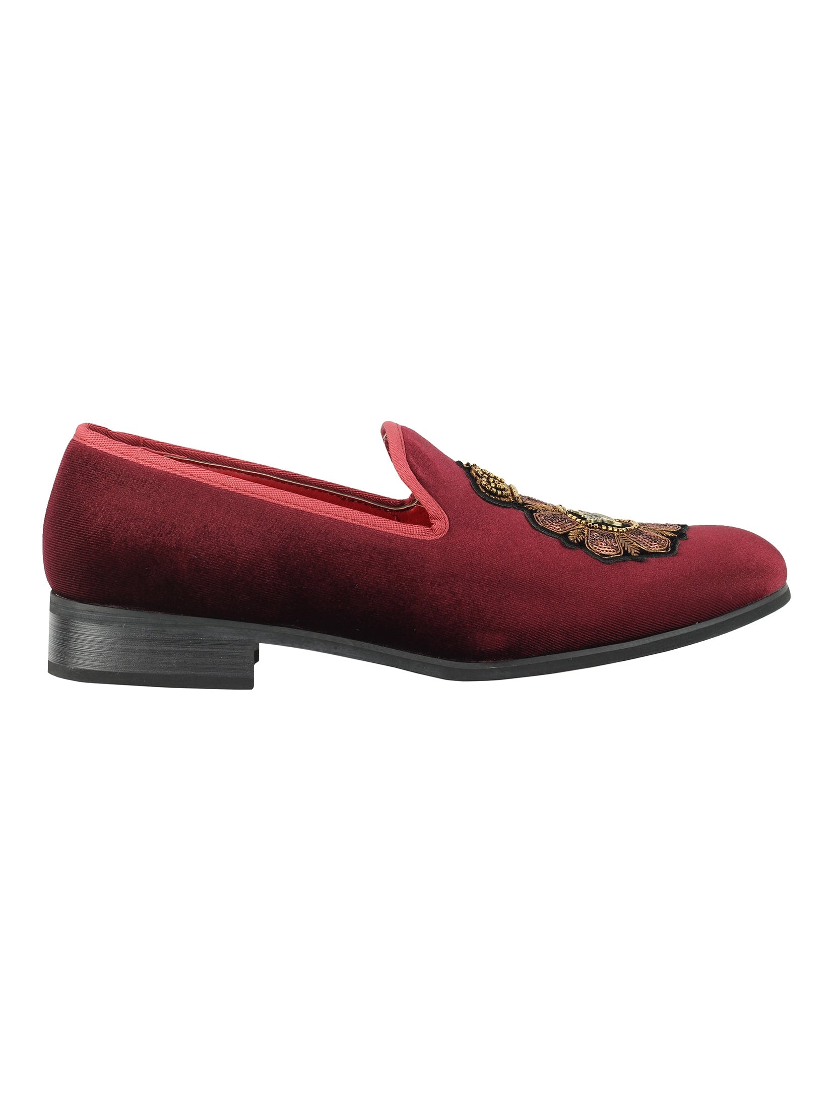 Mens Velvet Loafers Bee Crown Embroidered Vintage Dress Shoes Slip On Slippers Maroon