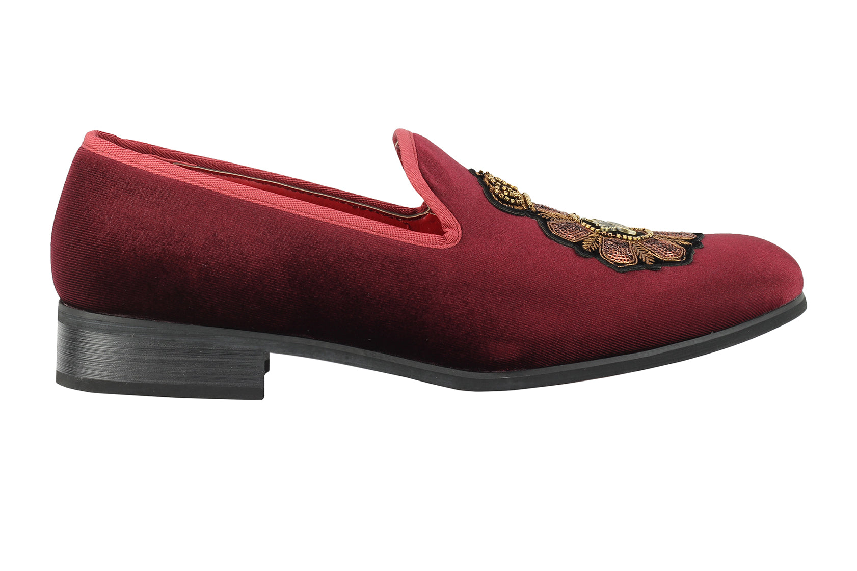Mens Velvet Loafers Bee Crown Embroidered Vintage Dress Shoes Slip On Slippers Maroon
