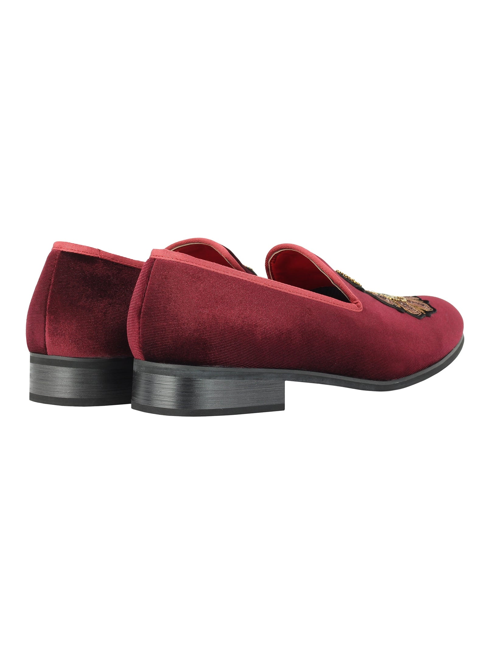 FAUX LEATHER EMBROIDERED VELVET LOAFERS IN MAROON