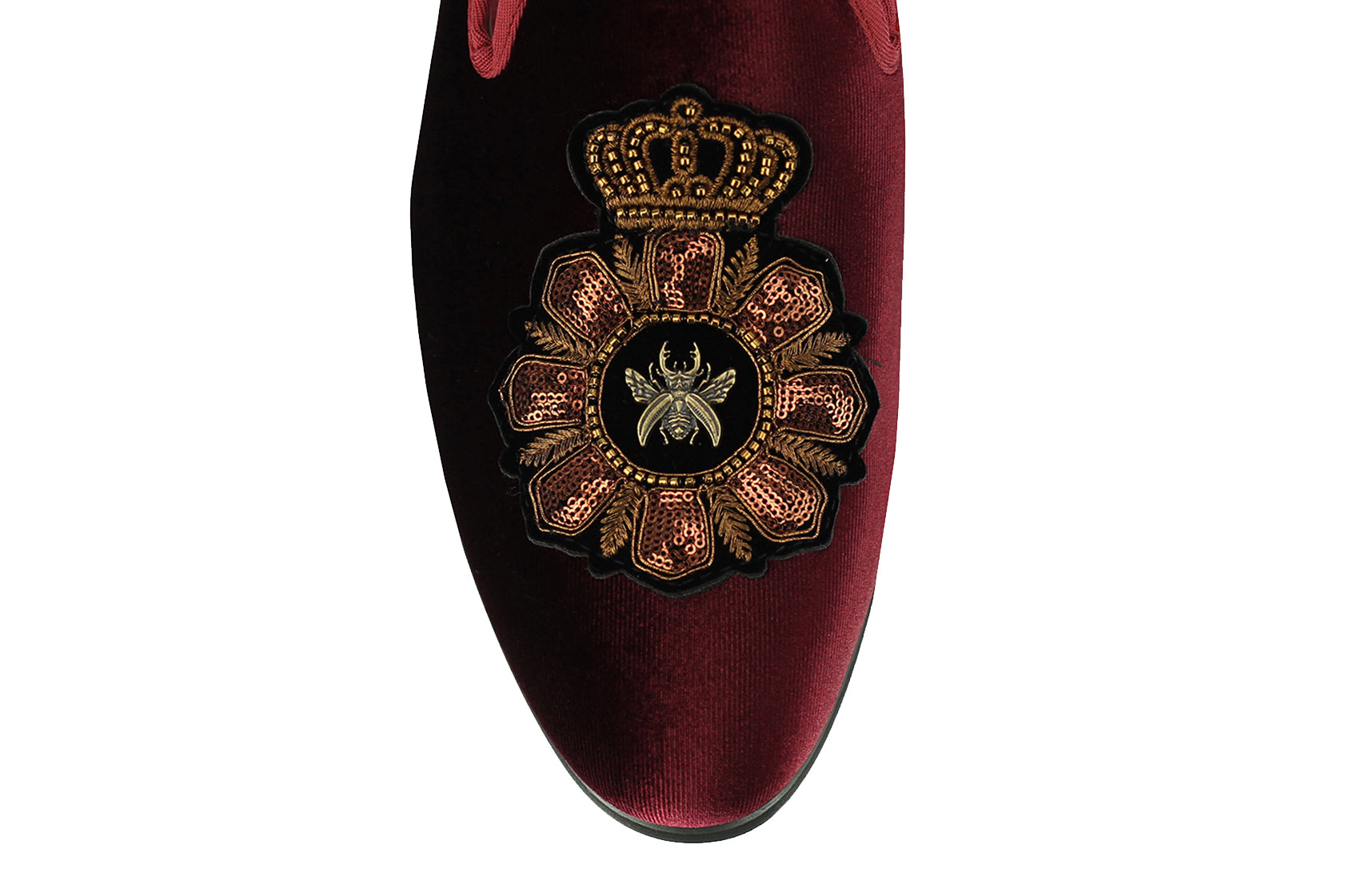 Mens Velvet Loafers Bee Crown Embroidered Vintage Dress Shoes Slip On Slippers Maroon