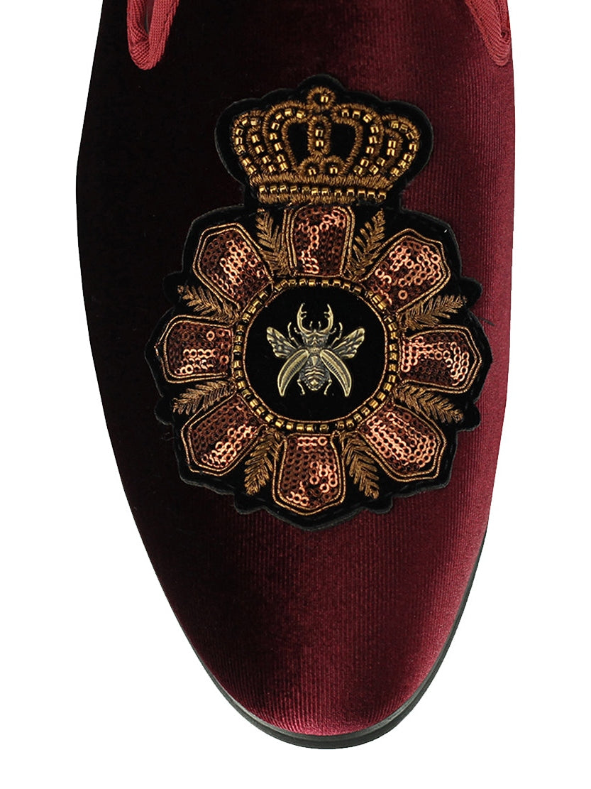 FAUX LEATHER EMBROIDERED VELVET LOAFERS IN MAROON