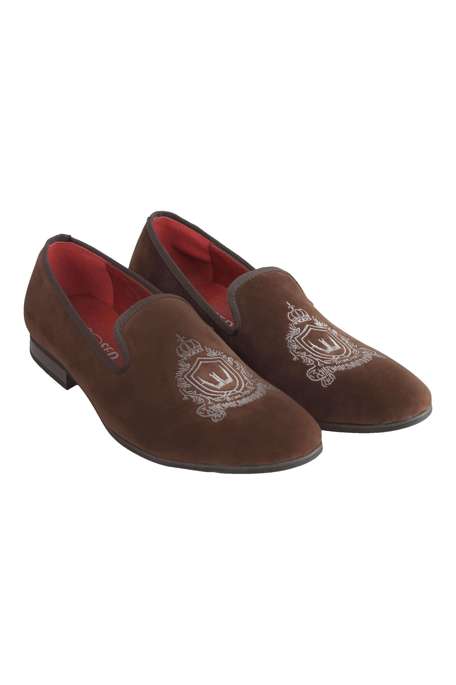 FAUX VELVET EMBROIDERY SUEDE LEATHER LOAFERS IN BROWN