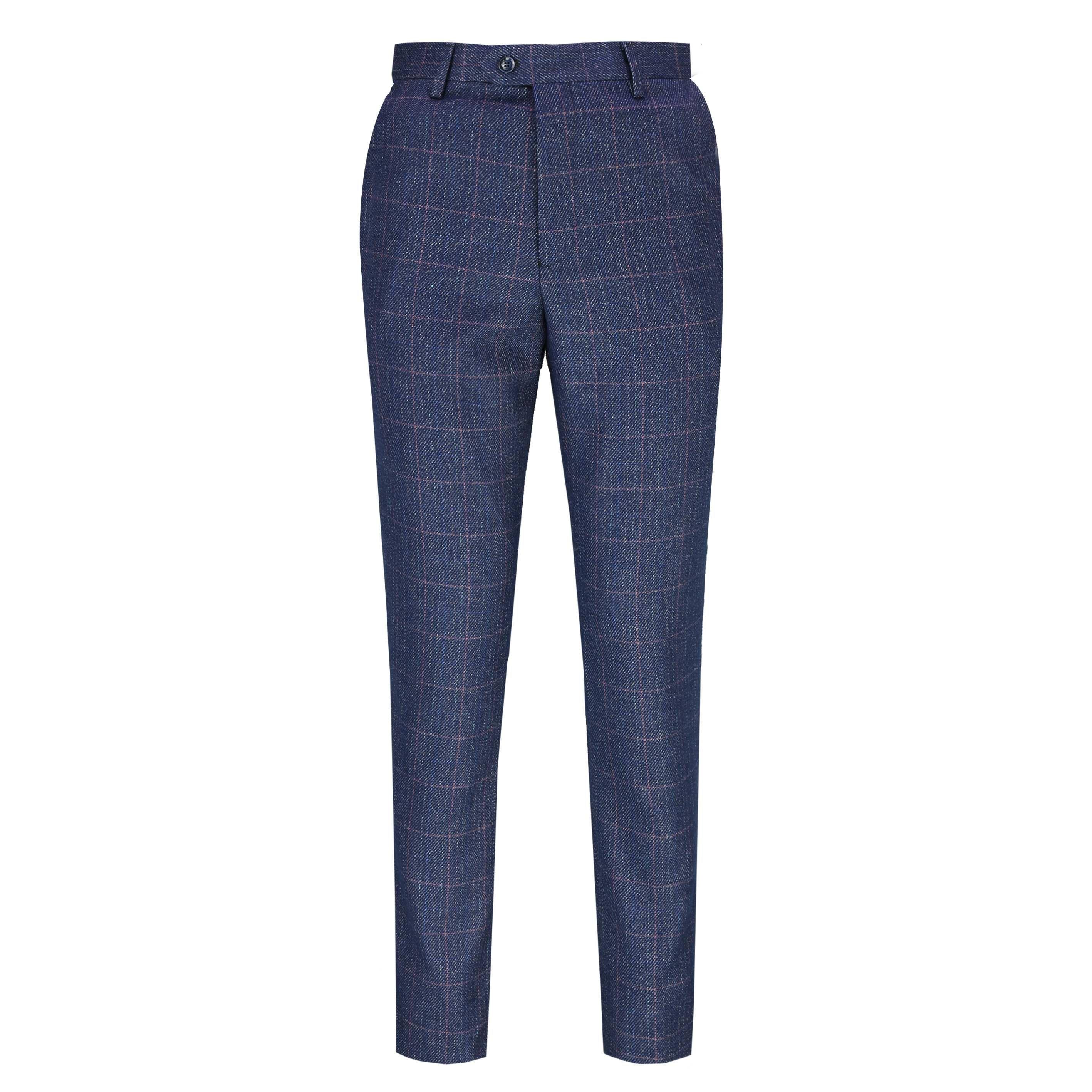 Mens Navy Blue Herringbone Tweed Check Trouser