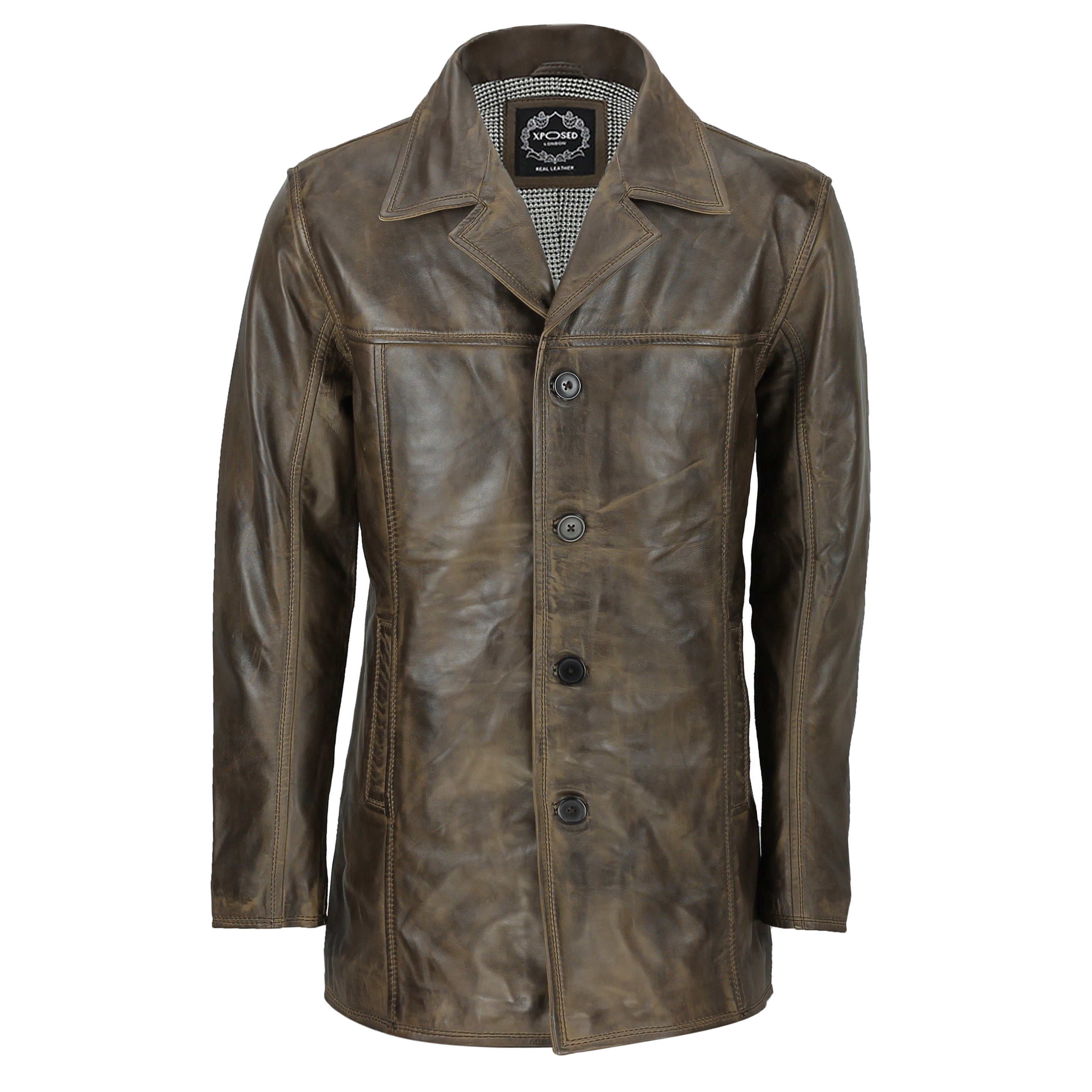 Mens Retro Style Real Leather Reefer Jacket Mid Length Coat In Antiqued Brown