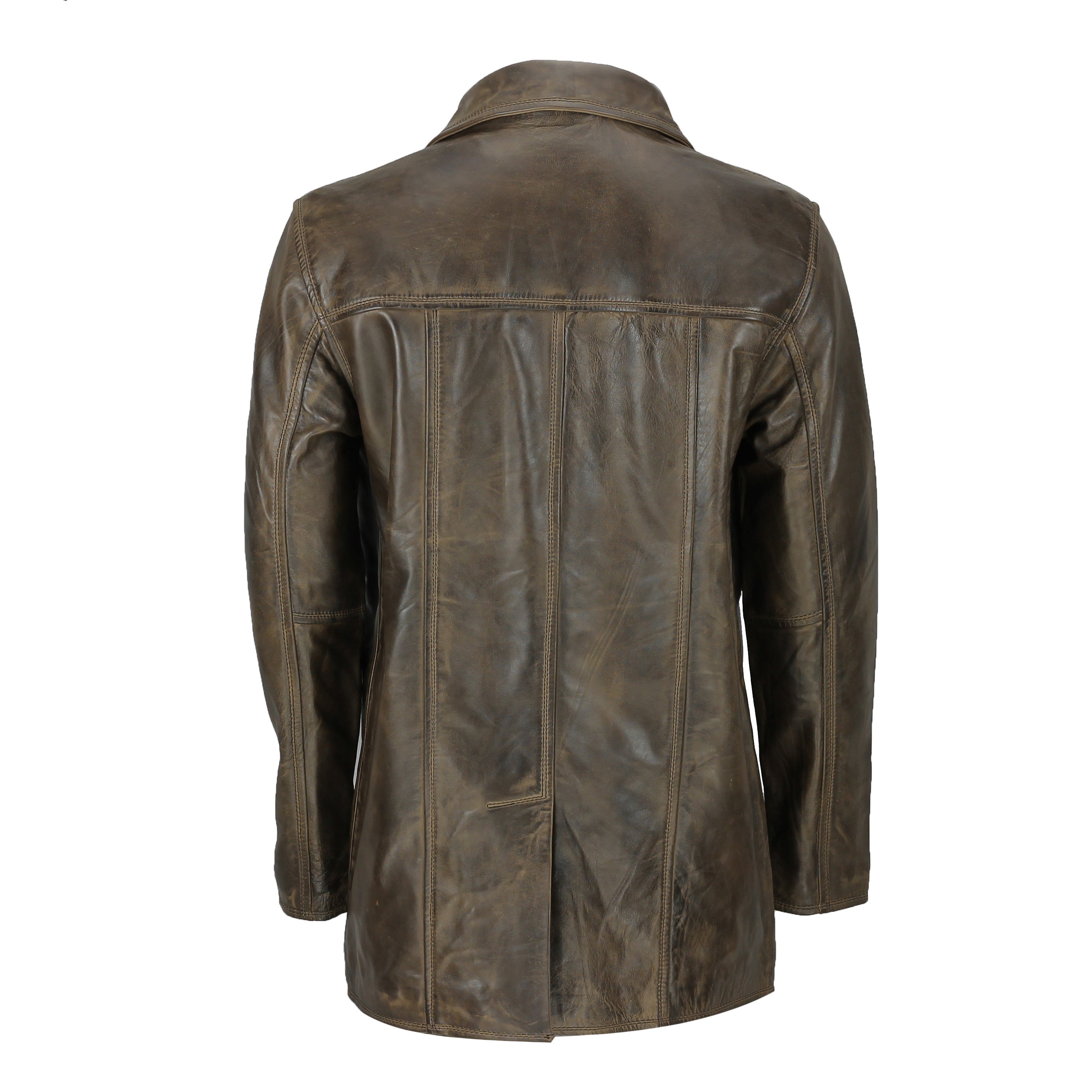 Mens Retro Style Real Leather Reefer Jacket Mid Length Coat In Antiqued Brown