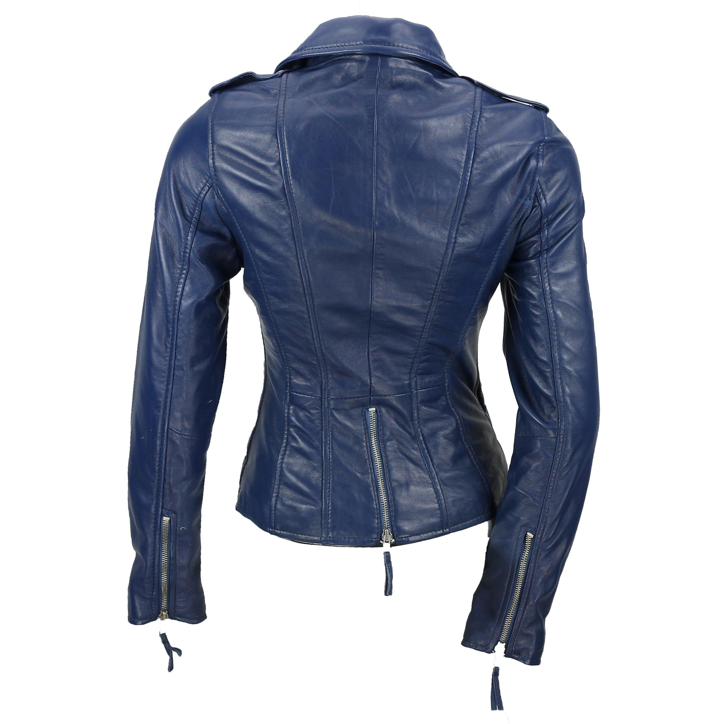 Fitted Leather Biker Jacket Blue