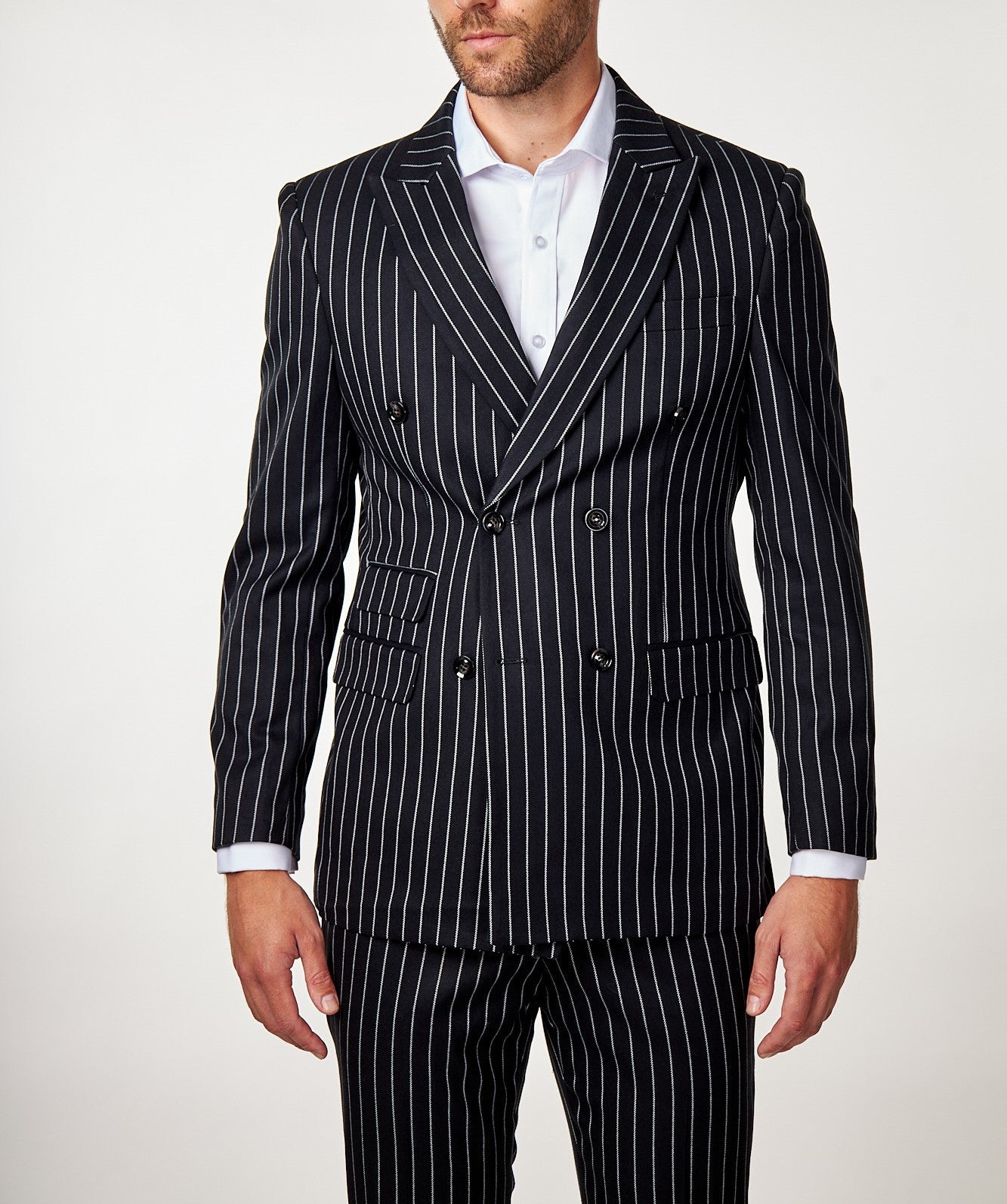 Mens double breasted pinstripe suit in black white