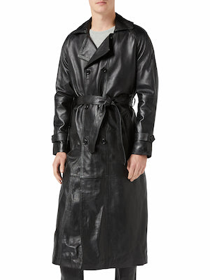 Mens real leather black full trench coat