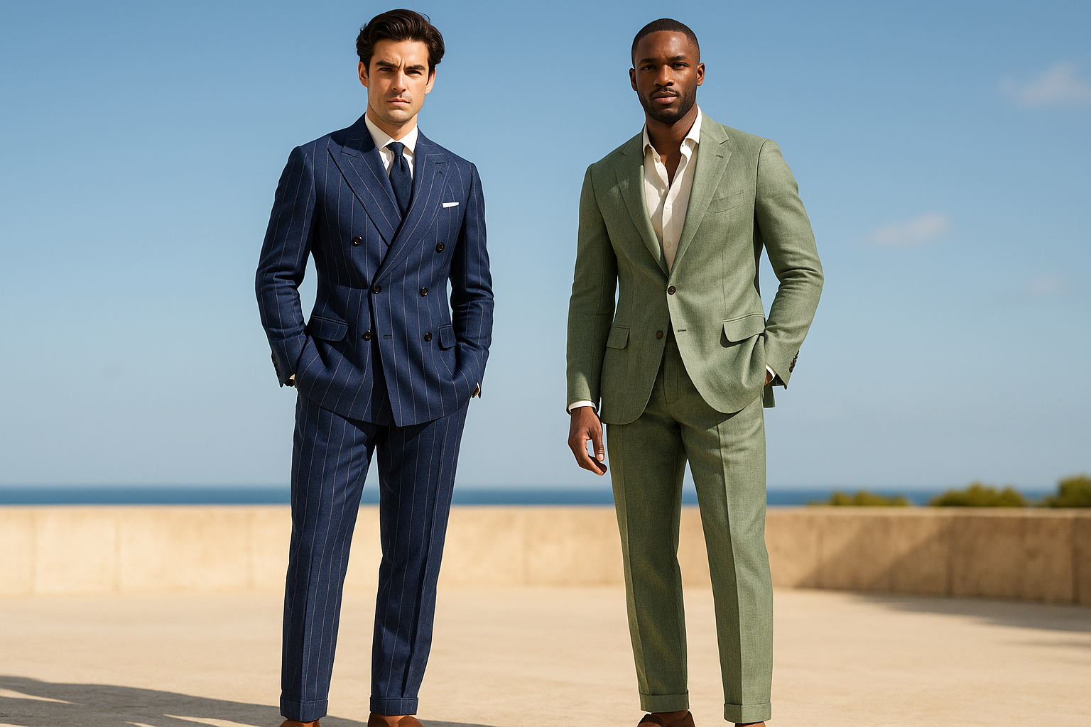 Men wearing smart linen suits in double breasted and single breasted jackets