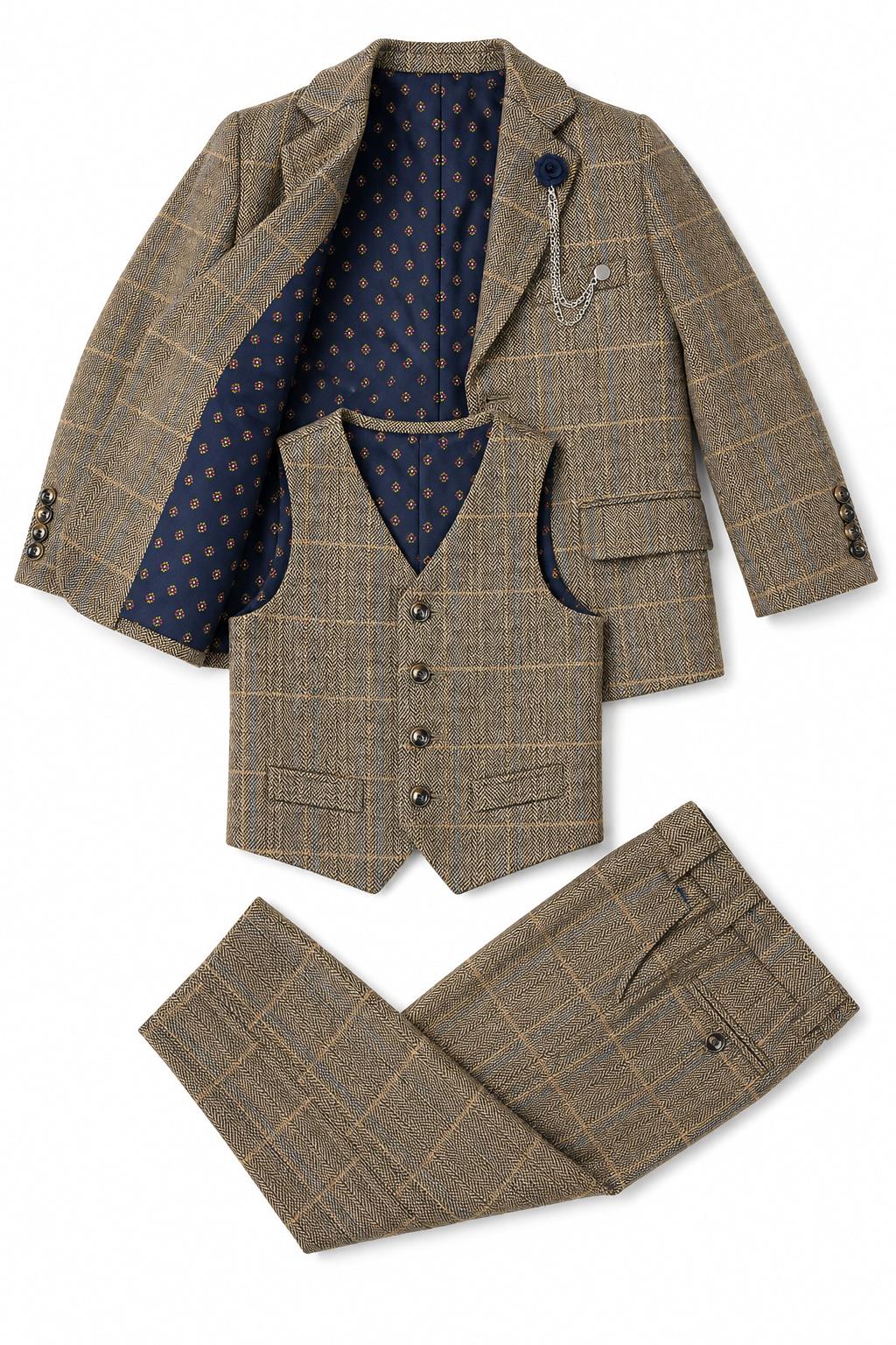 Boys Tan Brown Tweed Check 3 Piece Suit with Lapel Pin