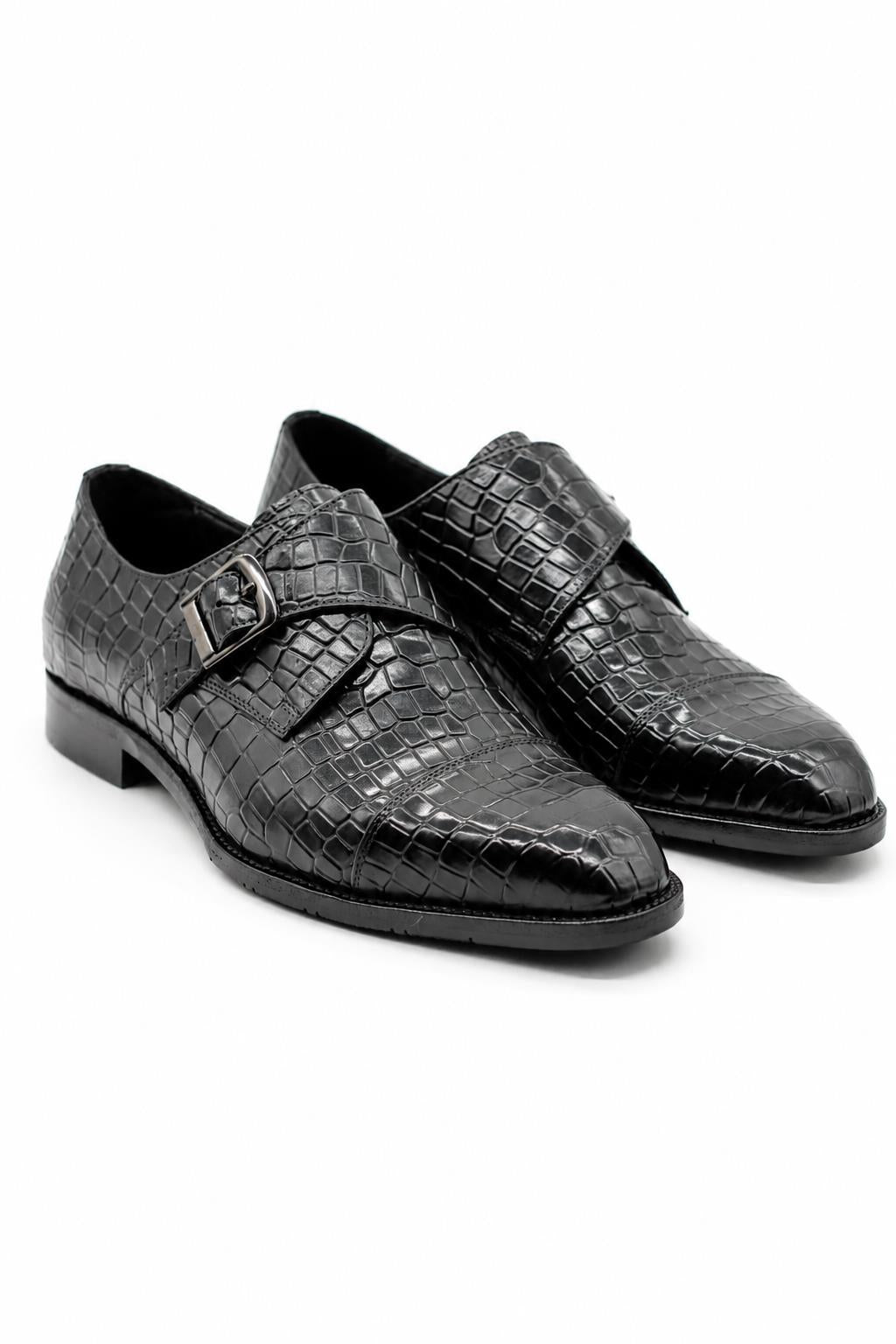 ELAN Men's Black Croc Embossed Leather Single Monk Strap Shoes