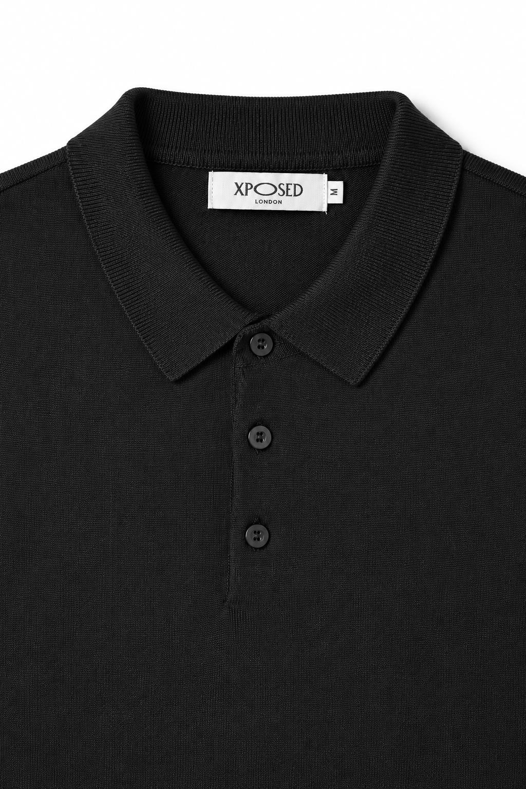 Men's Black 100% Cotton Fine Knit Button Neck Polo Jumper