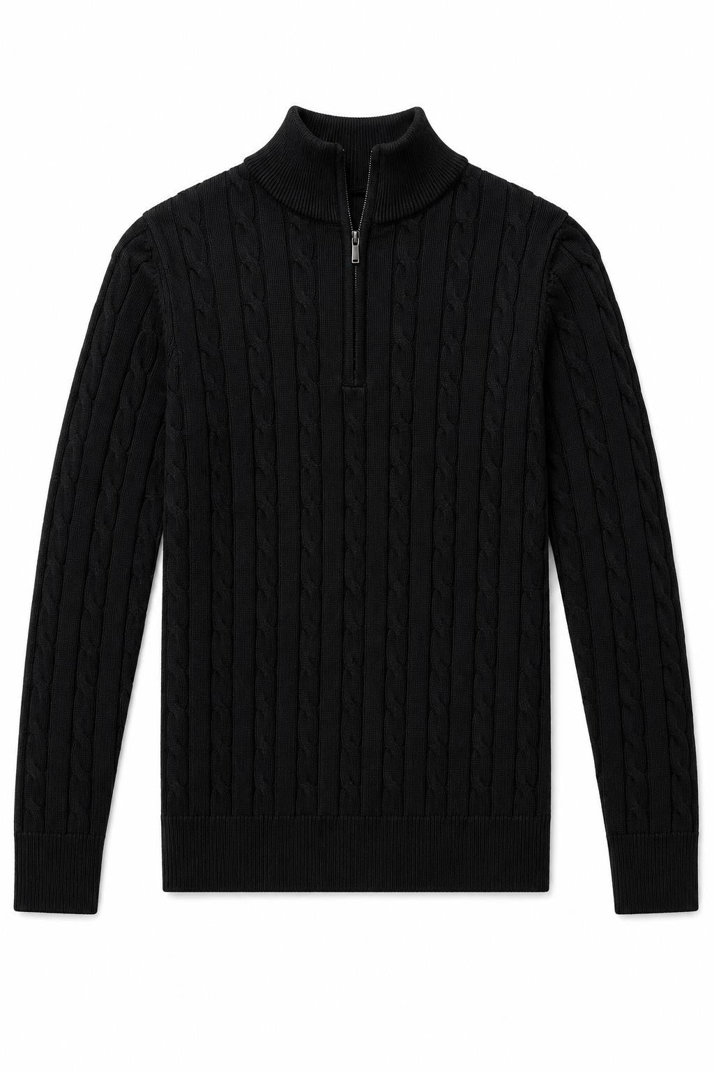 Men's Black 100% Cotton Fine Cable Knit Quarter Zip Neck Jumper
