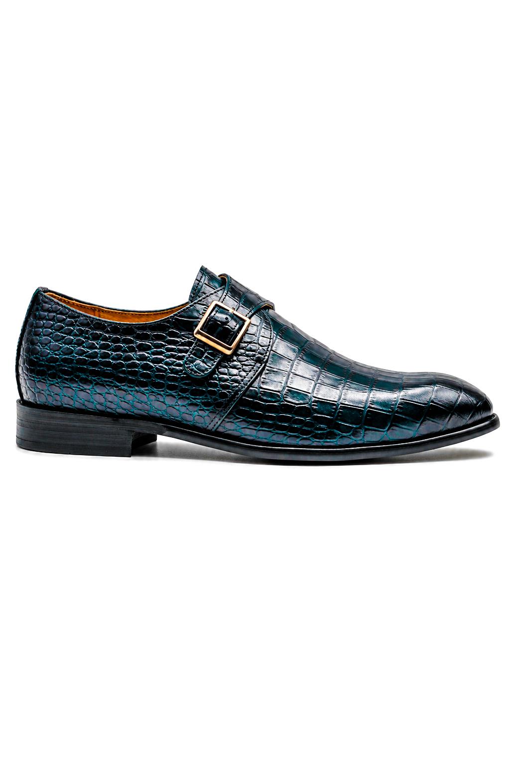 VALE Men’s Dark Blue Croc-Embossed Leather Monk Strap Shoes