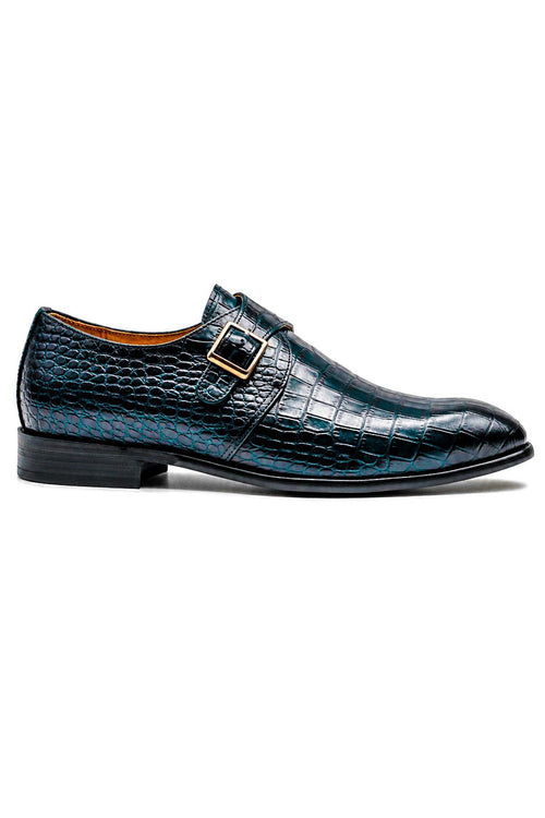 VALE Men’s Dark Blue Croc-Embossed Leather Monk Strap Shoes