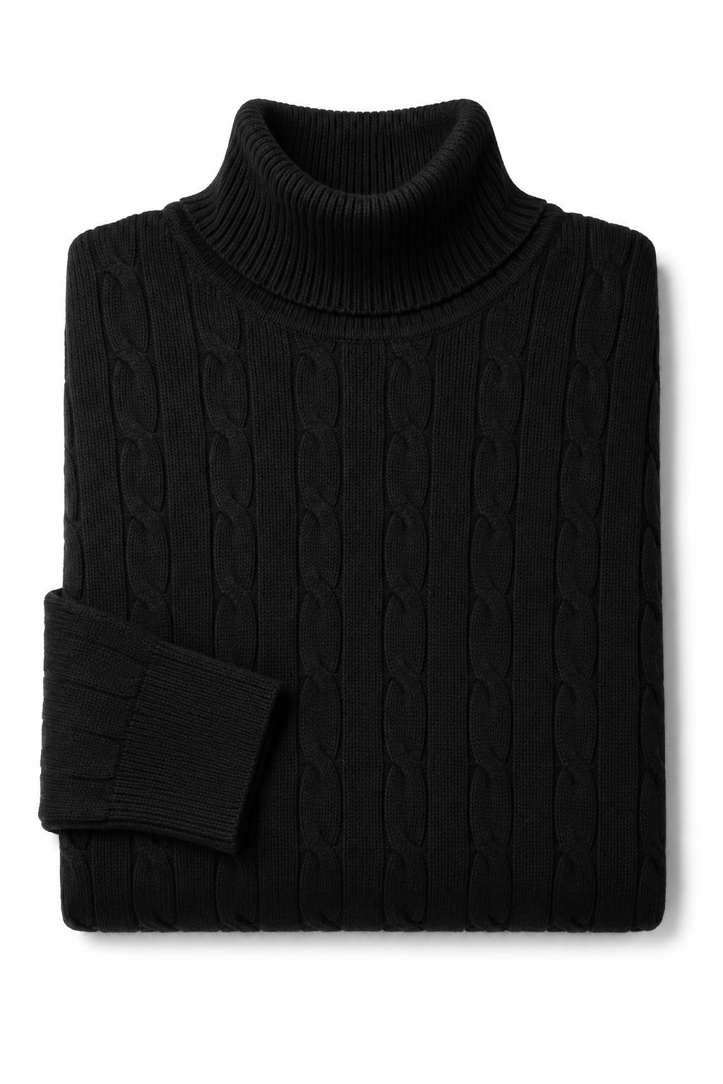 Men's Black 100% Cotton Fine Cable Knit Roll Neck Jumper