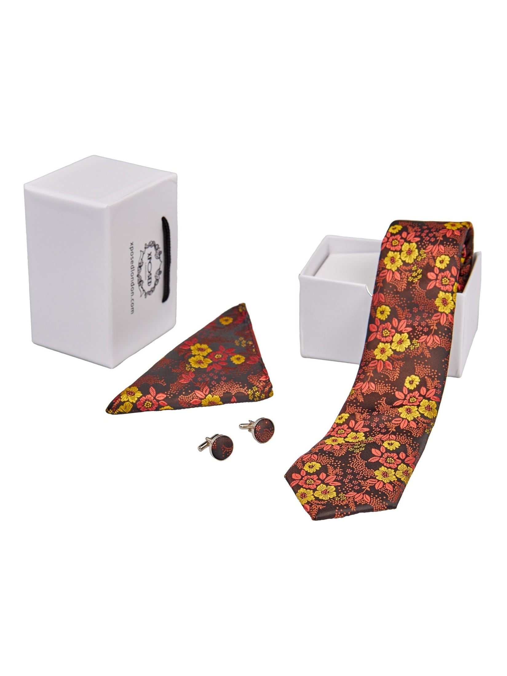BRAUNES KRAWATTE-SET MIT BLUMENPRINT