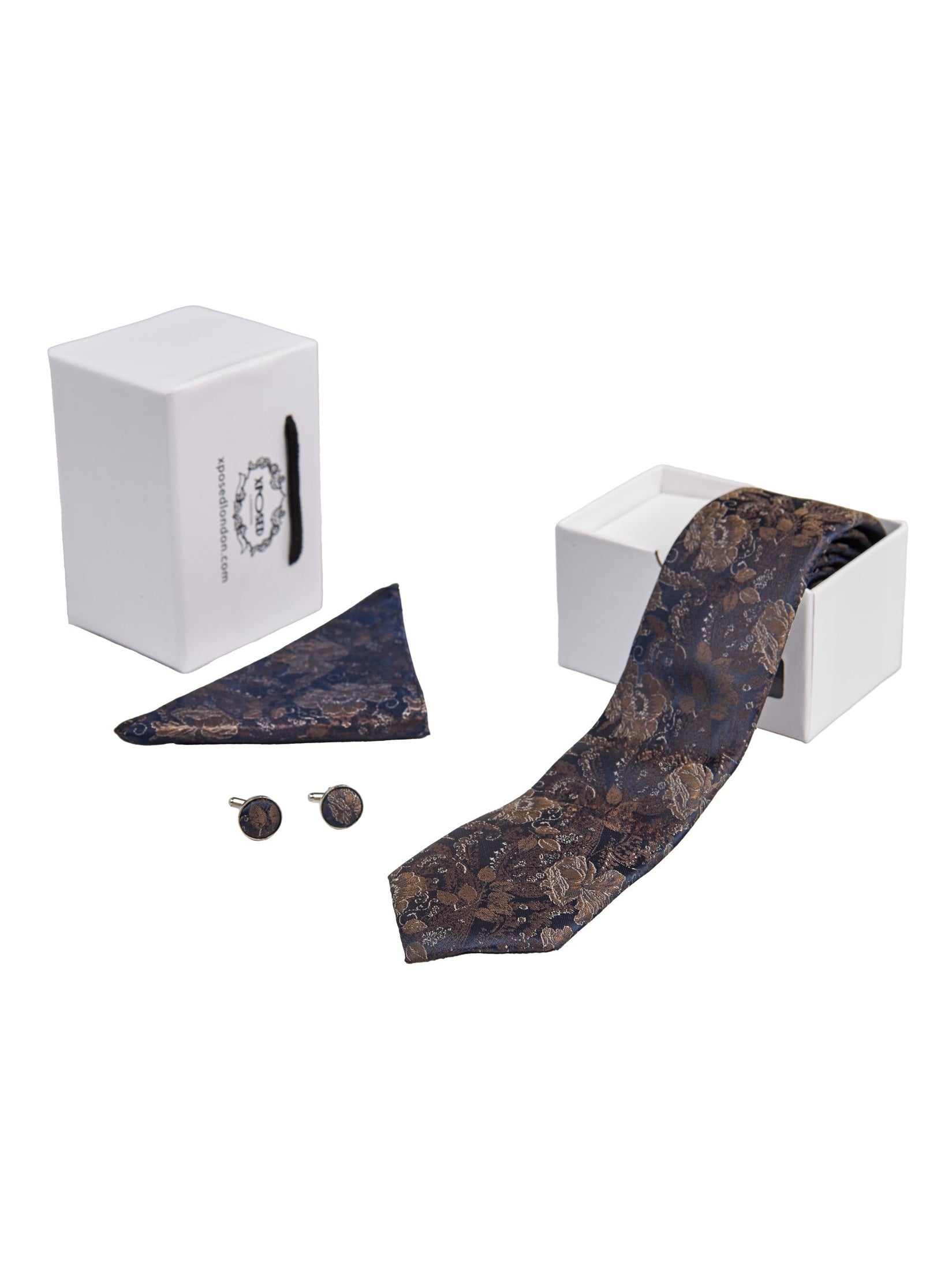 BRAUNES KRAWATTE-SET MIT BLUMENBLAU-PRINT