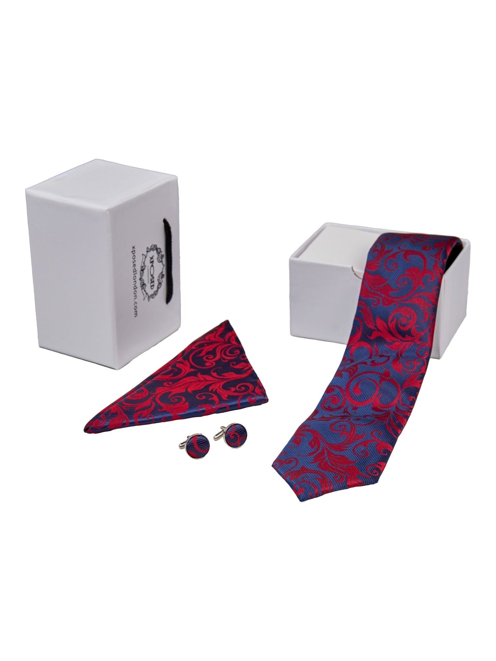 NAVY RED FLORAL PAISLEY NECK TIE SET