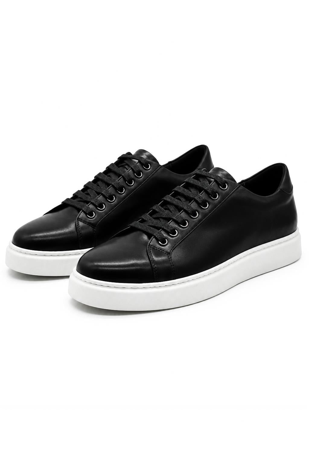 Men's Black Real Leather Lace-Up Trainers White Sole